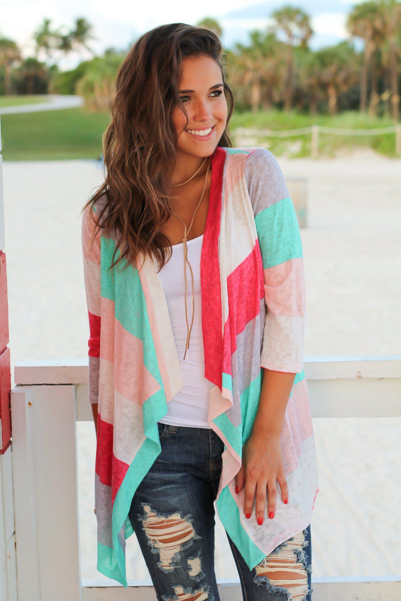 Stylish Mint and Coral Striped Open Cardigan for Adorable Look