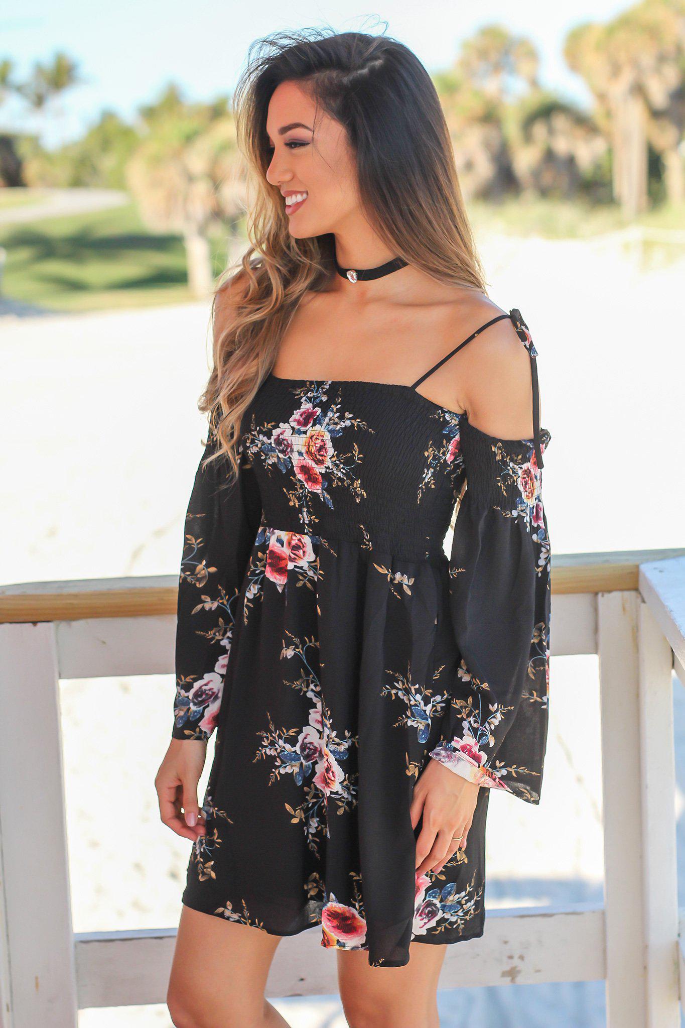 Stylish Black Floral Open-Shoulder Short Dress with Long Bell Sleeves