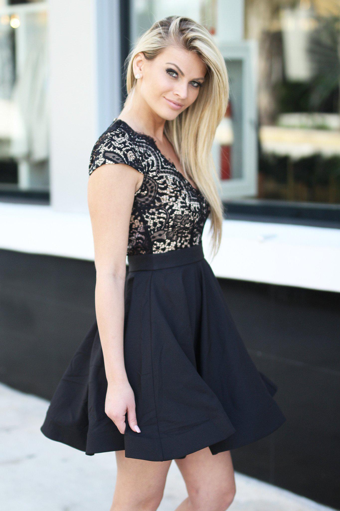 Stunning Black Lace Skater Dress with Open Back Detail