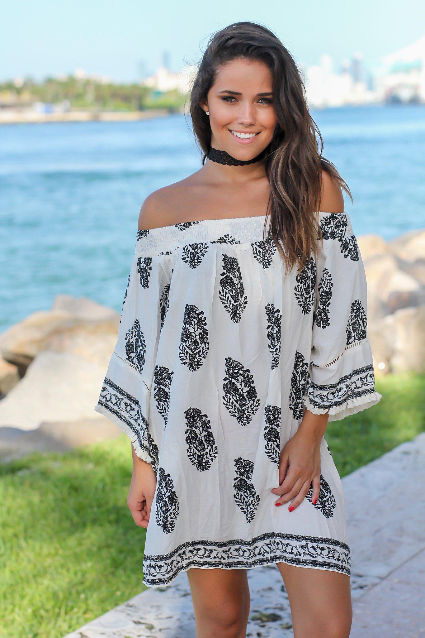 Stylish Ivory and Black Printed Off - Shoulder Short Dress for a Comfy Look
