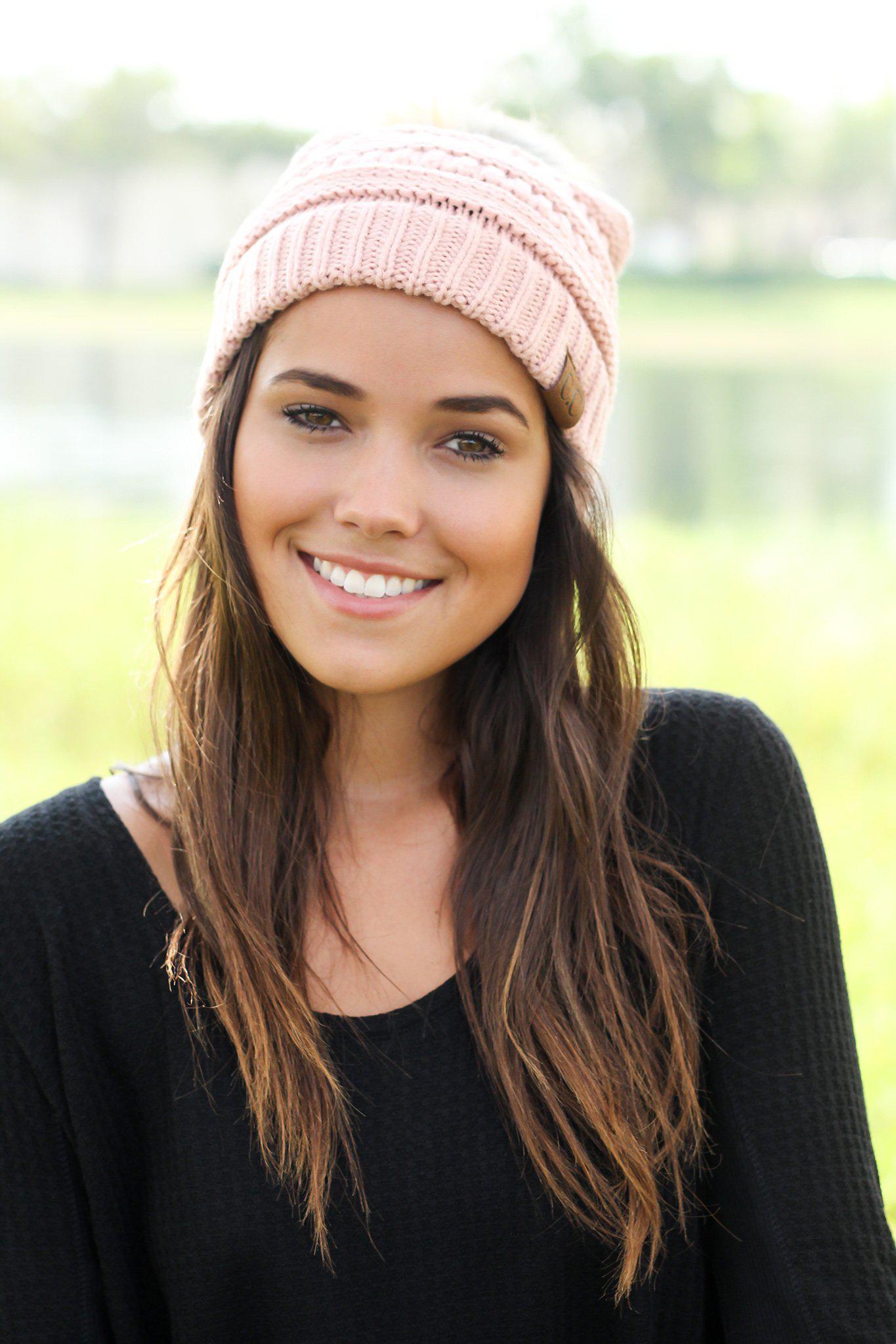 Indian Pink Hand - Knitted Fashionable Beanie Hat with a Cute Pom - Pom