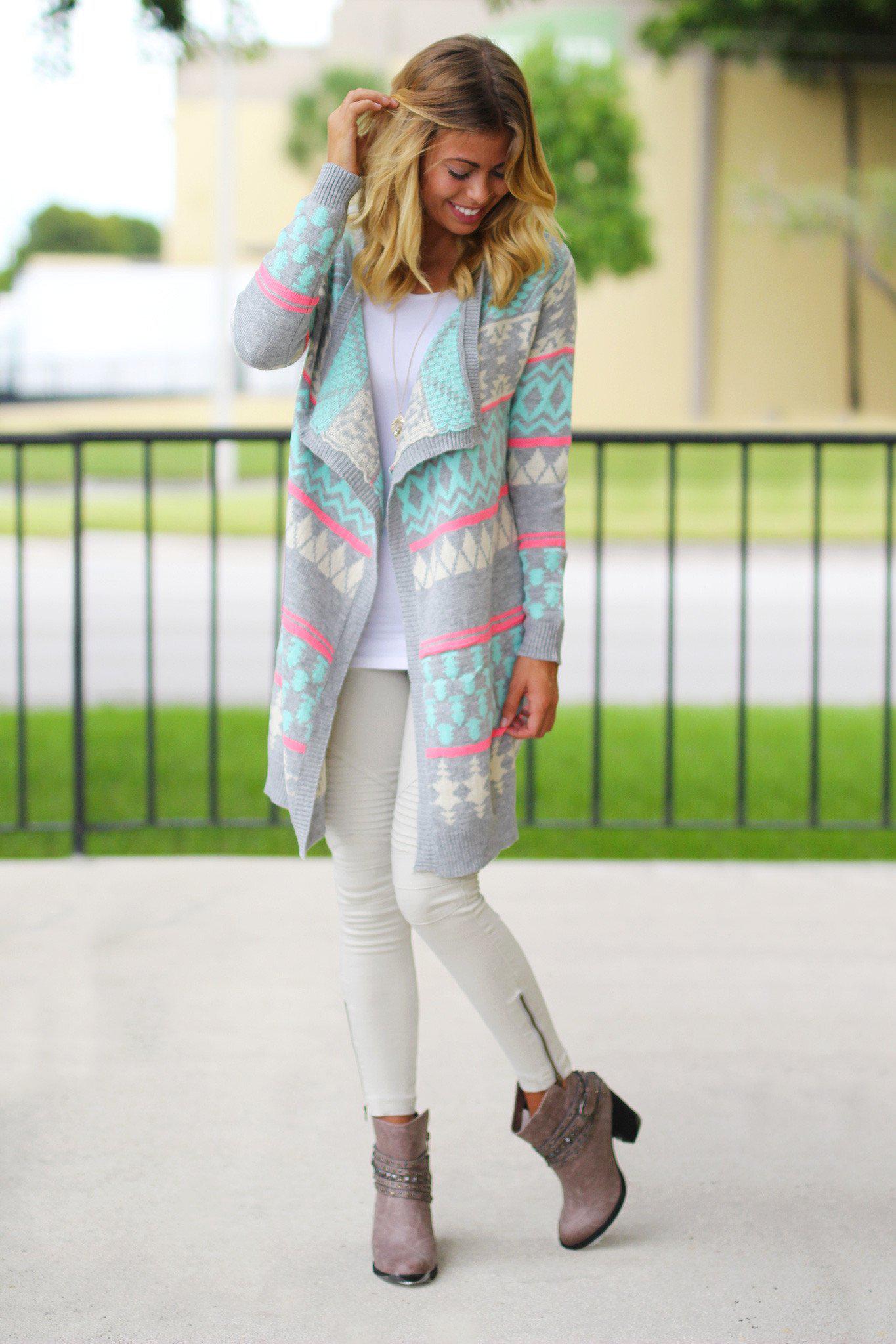 Stylish Mint and Gray Colored Long Women's Cardigan for All Occasions
