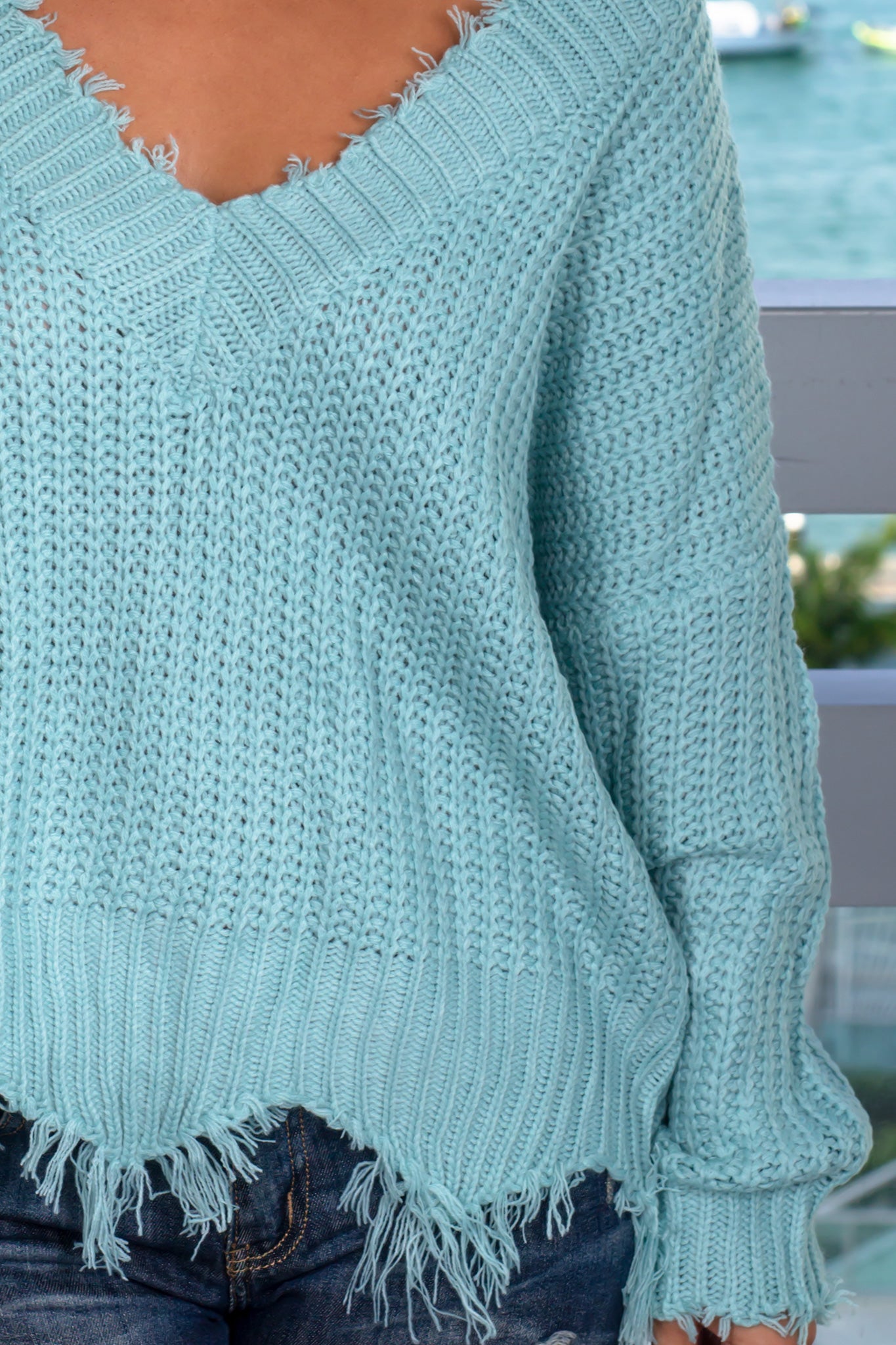 Stylish Mint-Colored Frayed Knit Sweater for Fall and Winter
