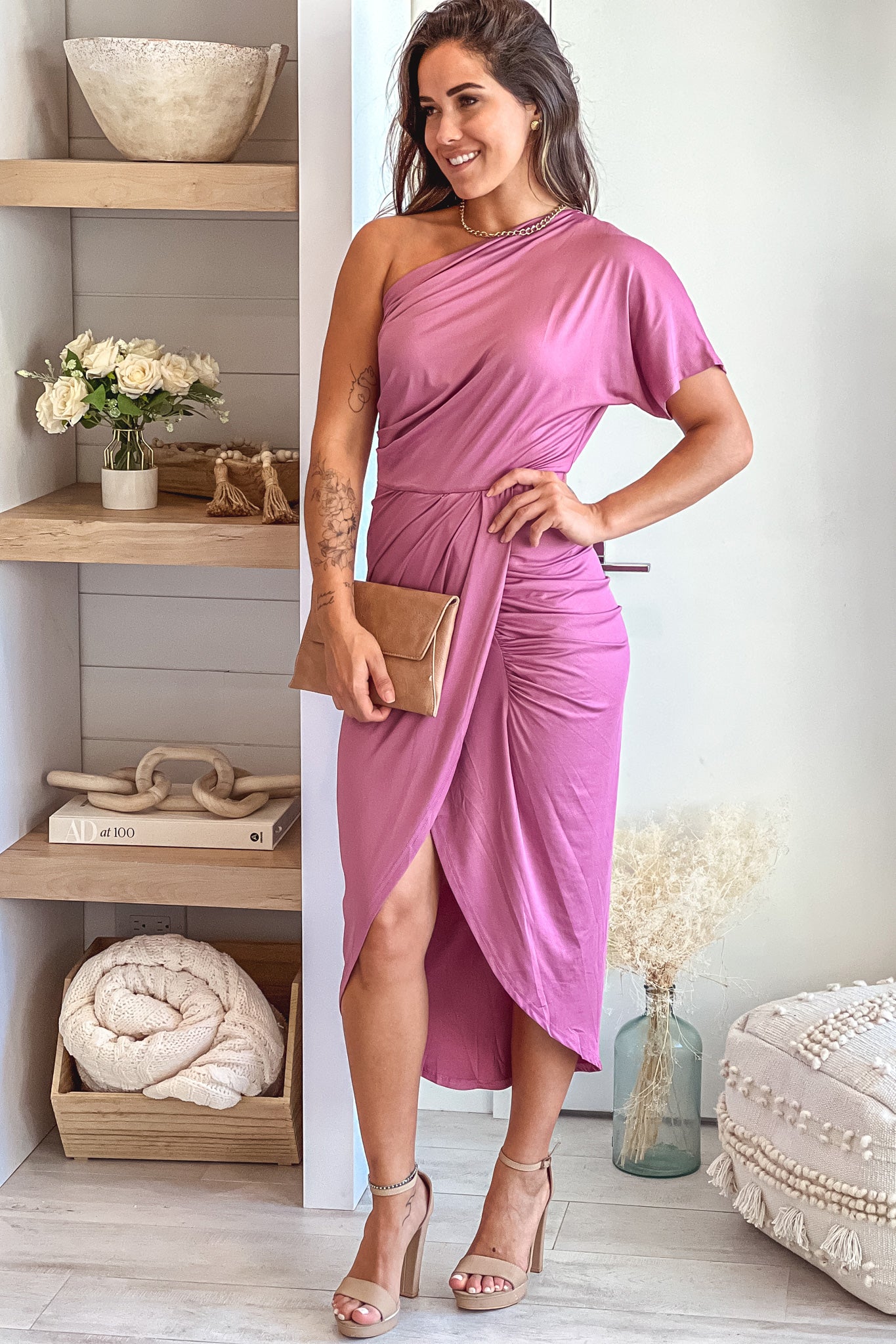 Stylish Mauve One-Shoulder Medium-Length Women's Dress