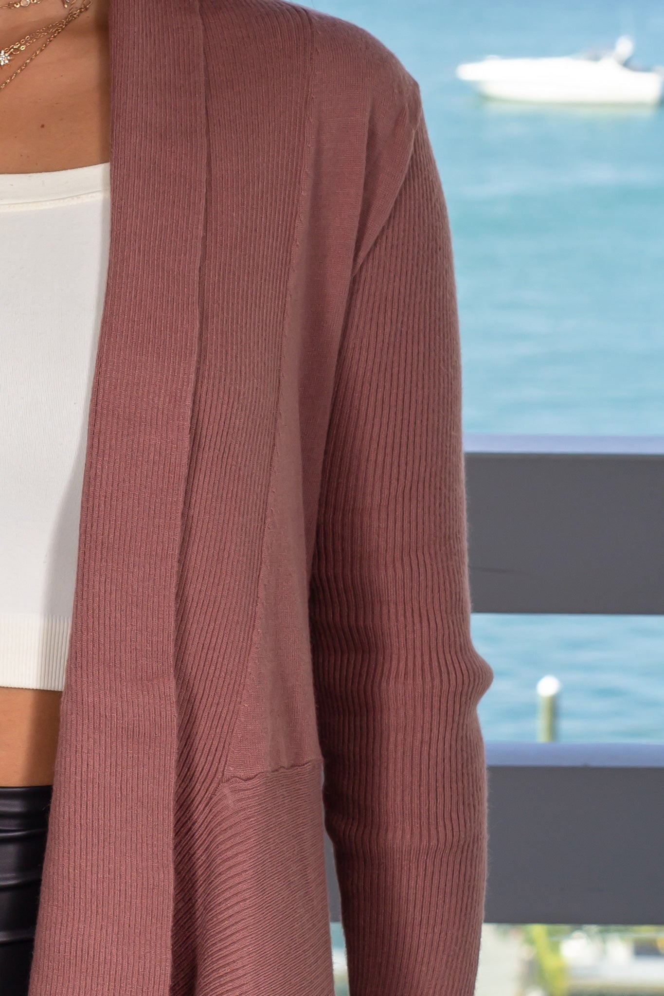 Fashionable Mauve Colored Ribbed Open-Front Women's Cardigan