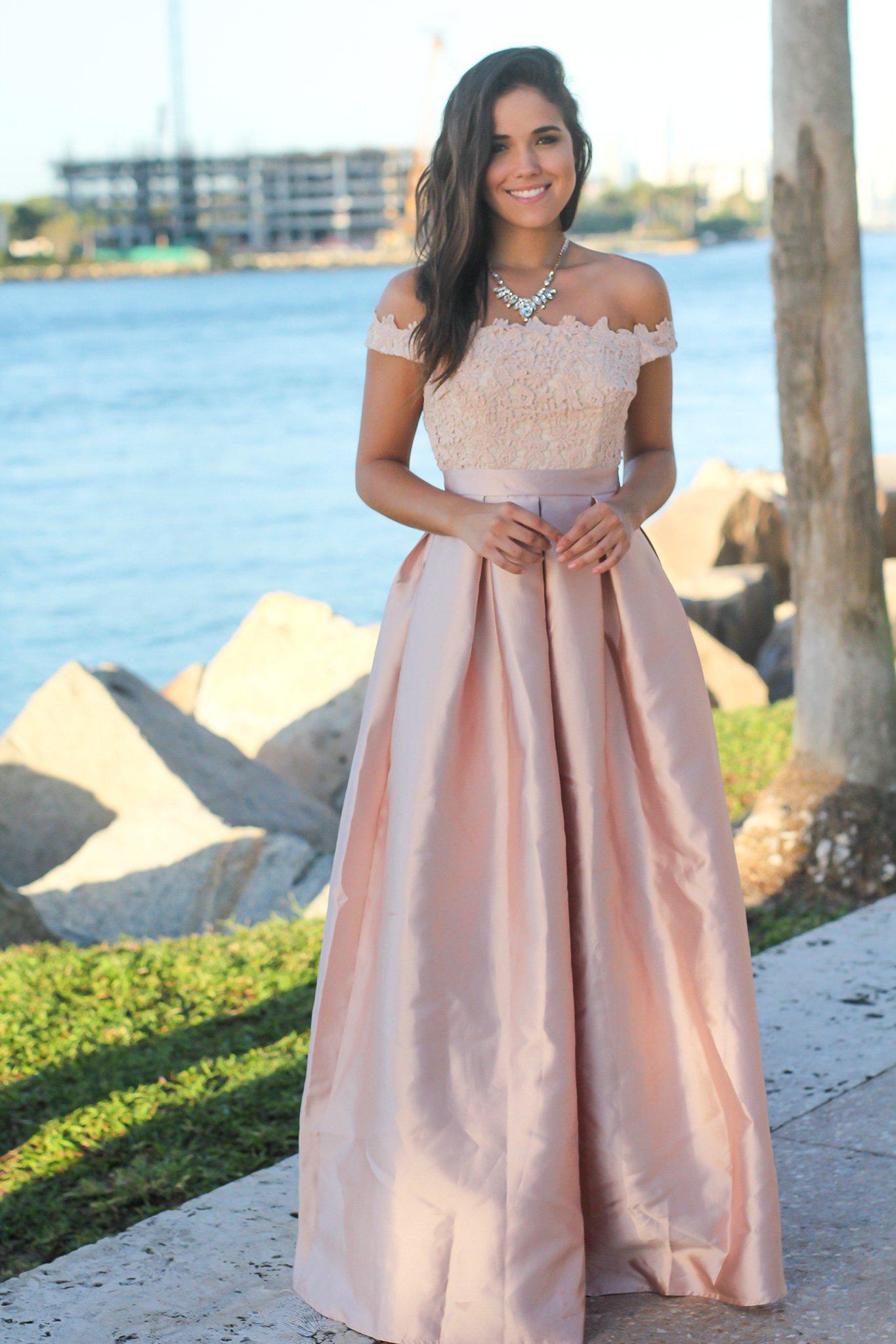 Elegant Blush and Cream Off-Shoulder Crochet Top Maxi Dress for Special Occasions