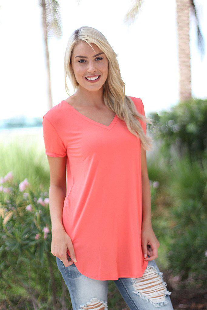 Adorable Coral-Colored Women's V-Neck Casual Top