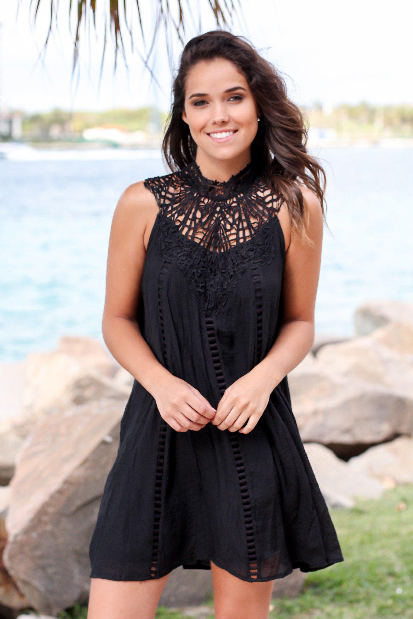 Stylish Women's Black Short Crochet-Trimmed Dress for Various Occasions