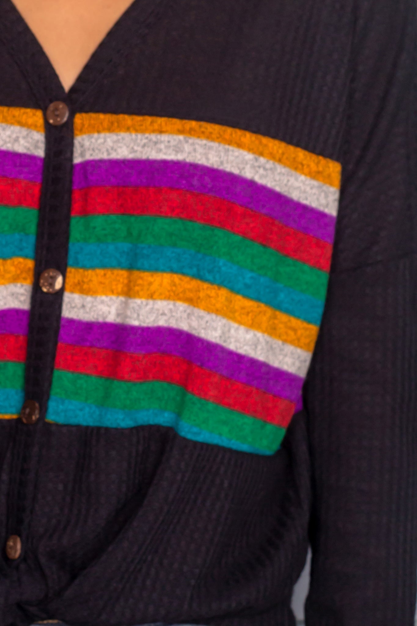 Stylish Black Striped Knit Long-Sleeve Top with Button and Tie Details
