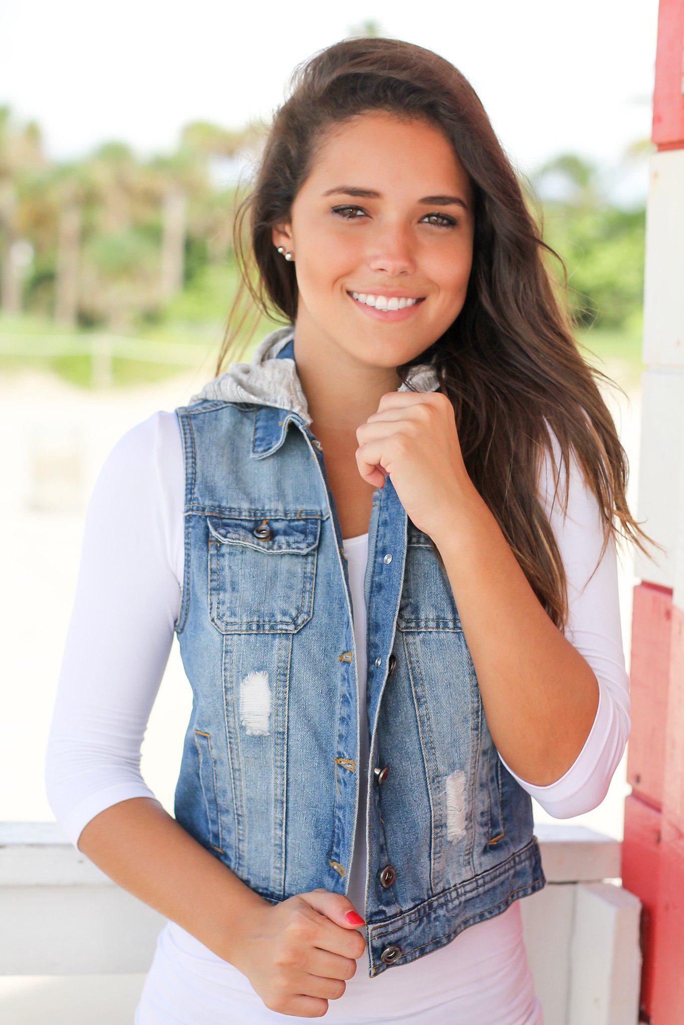 Stylish Medium Wash Denim Vest with Detachable Gray Hood for Layering