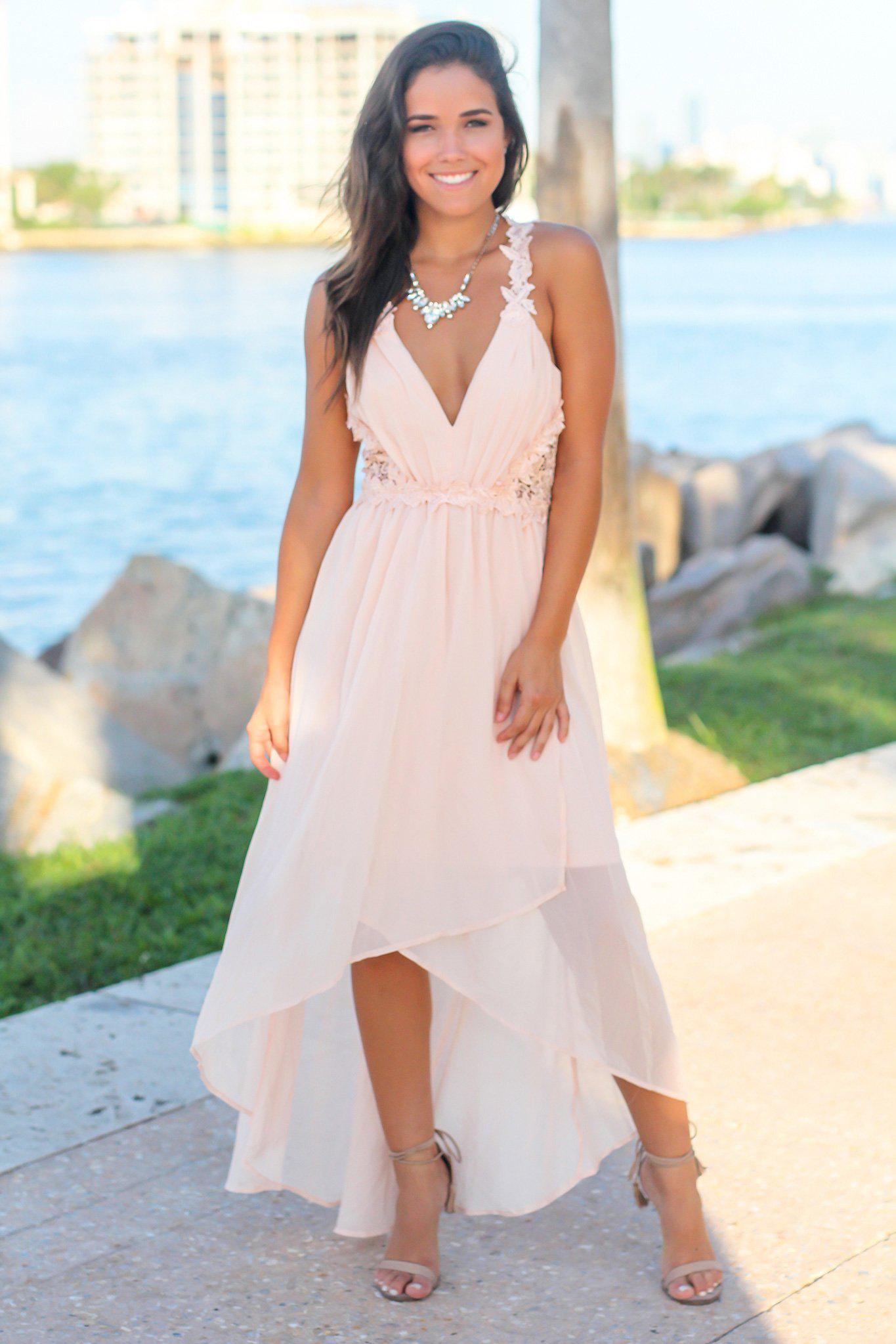 Stylish Blush Maxi Dress with Crochet Cut - Out High - Low Design