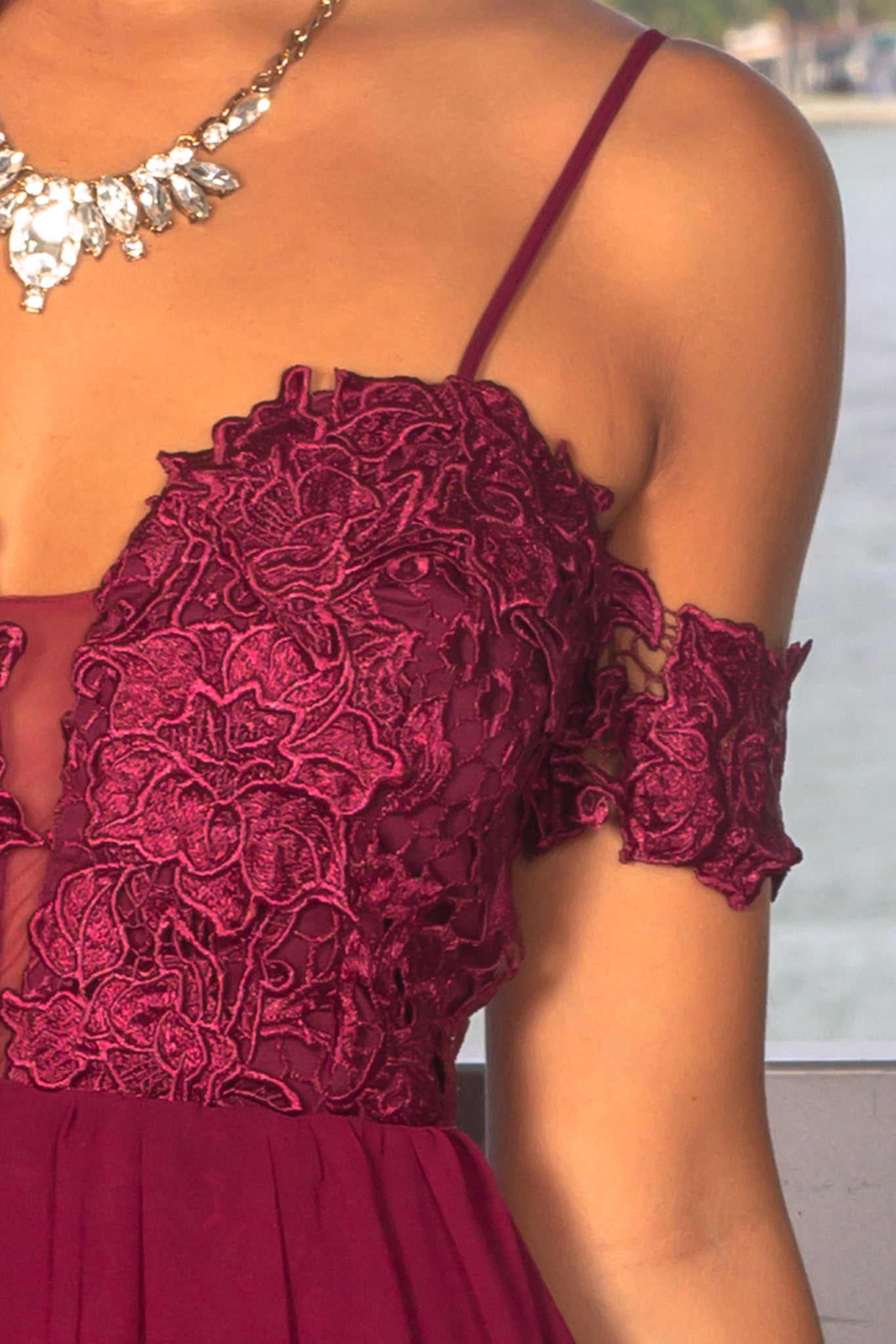 Stunning Merlot Crochet Off - Shoulder Maxi Dress for Special Occasions