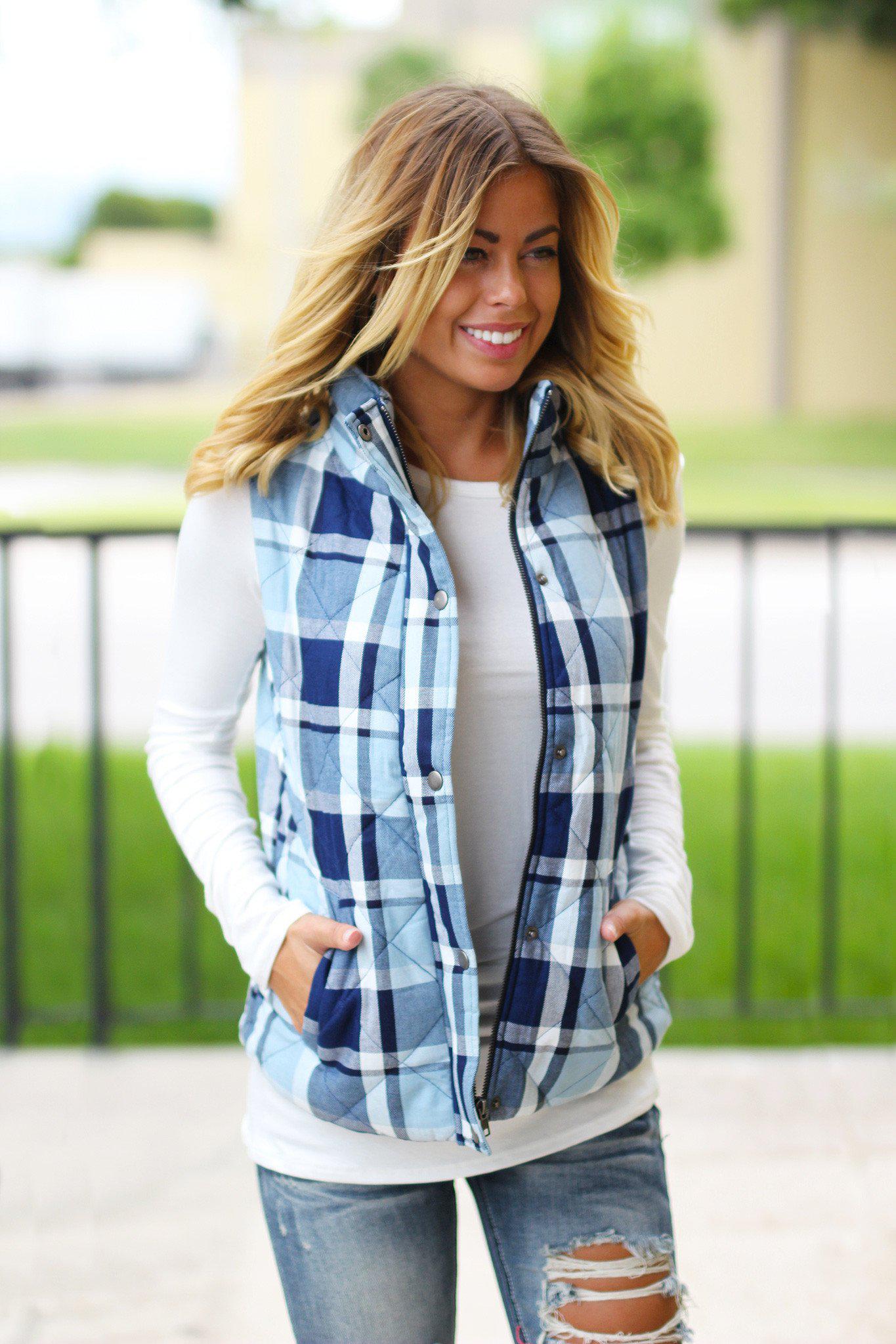 Stylish Blue Plaid Cotton Vest for Fall/Winter with Convenient Front Pockets