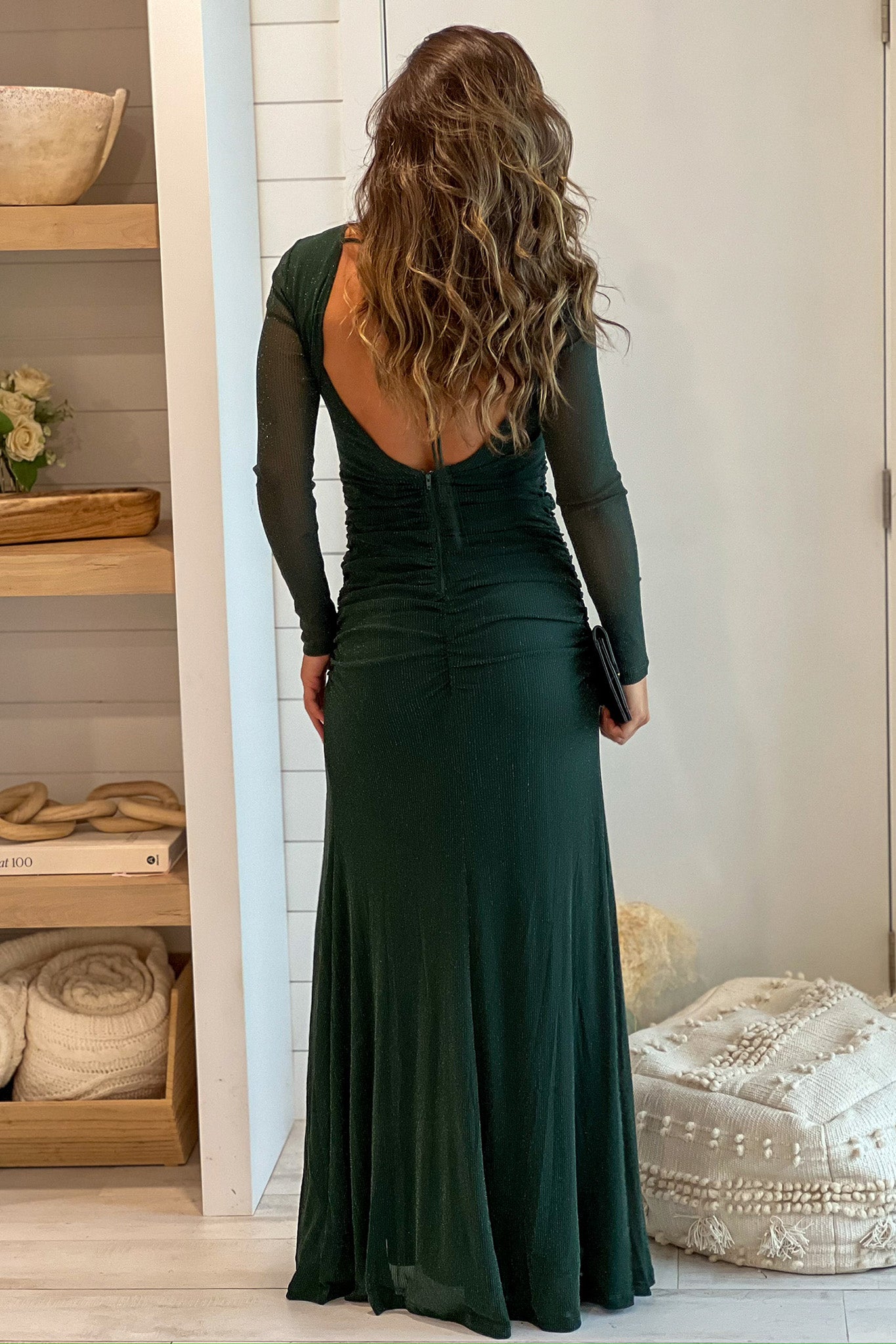 Elegant Hunter Green Glitter Formal Maxi Dress Featuring Slit and Open Back Design