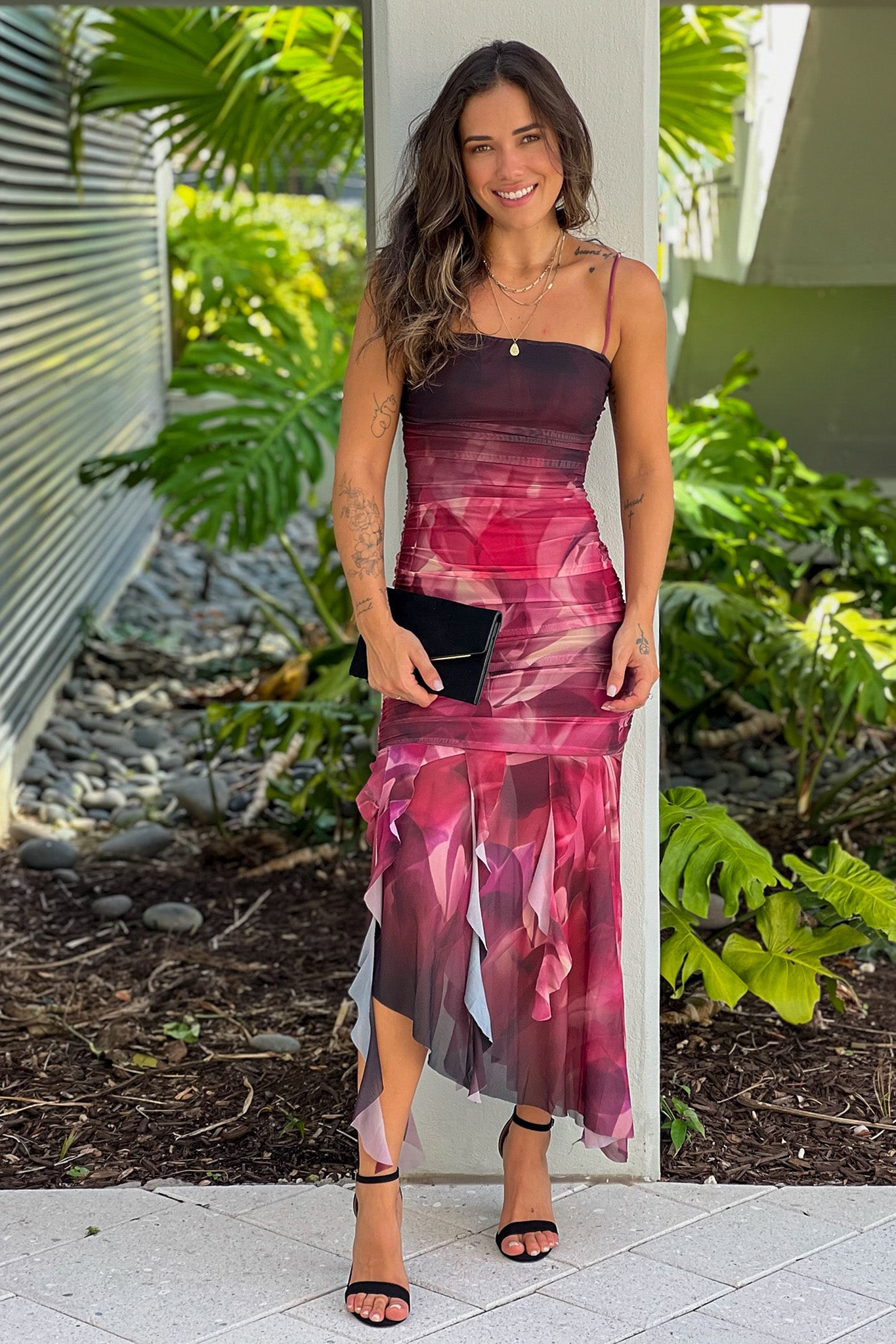 Gorgeous Black-Printed Asymmetrical Ruffled Women's Dress