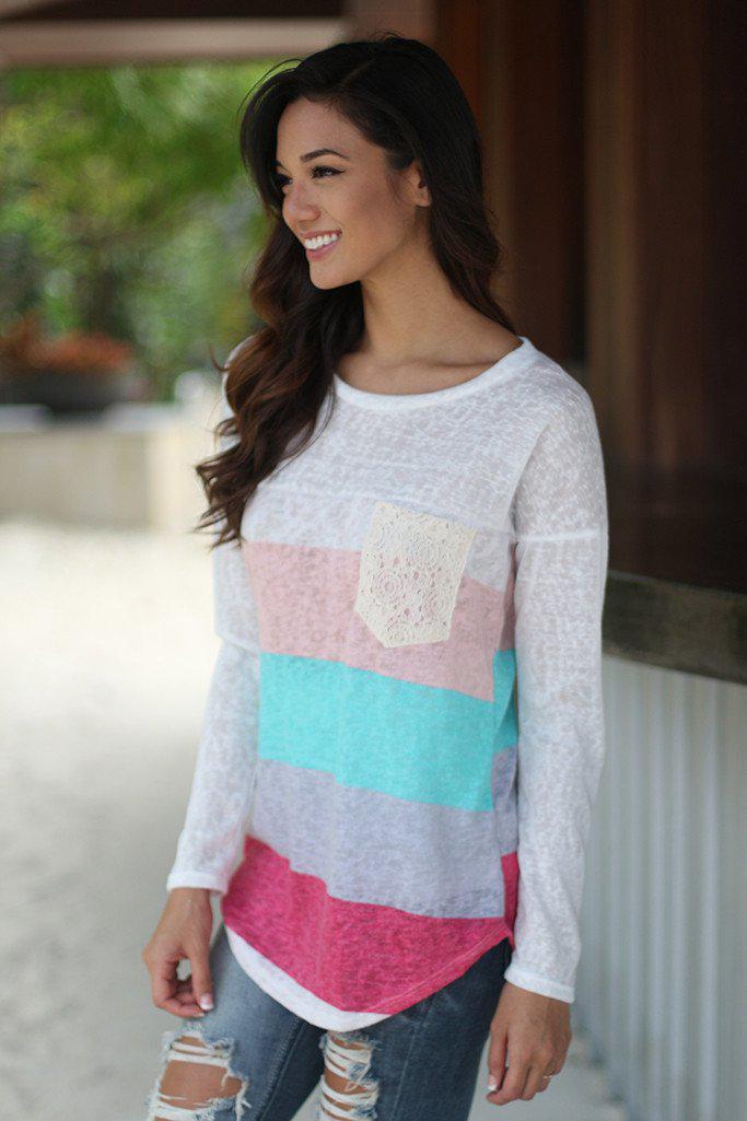 Adorable Coral, Mint & Lavender Long Sleeve Top with Crochet Pocket