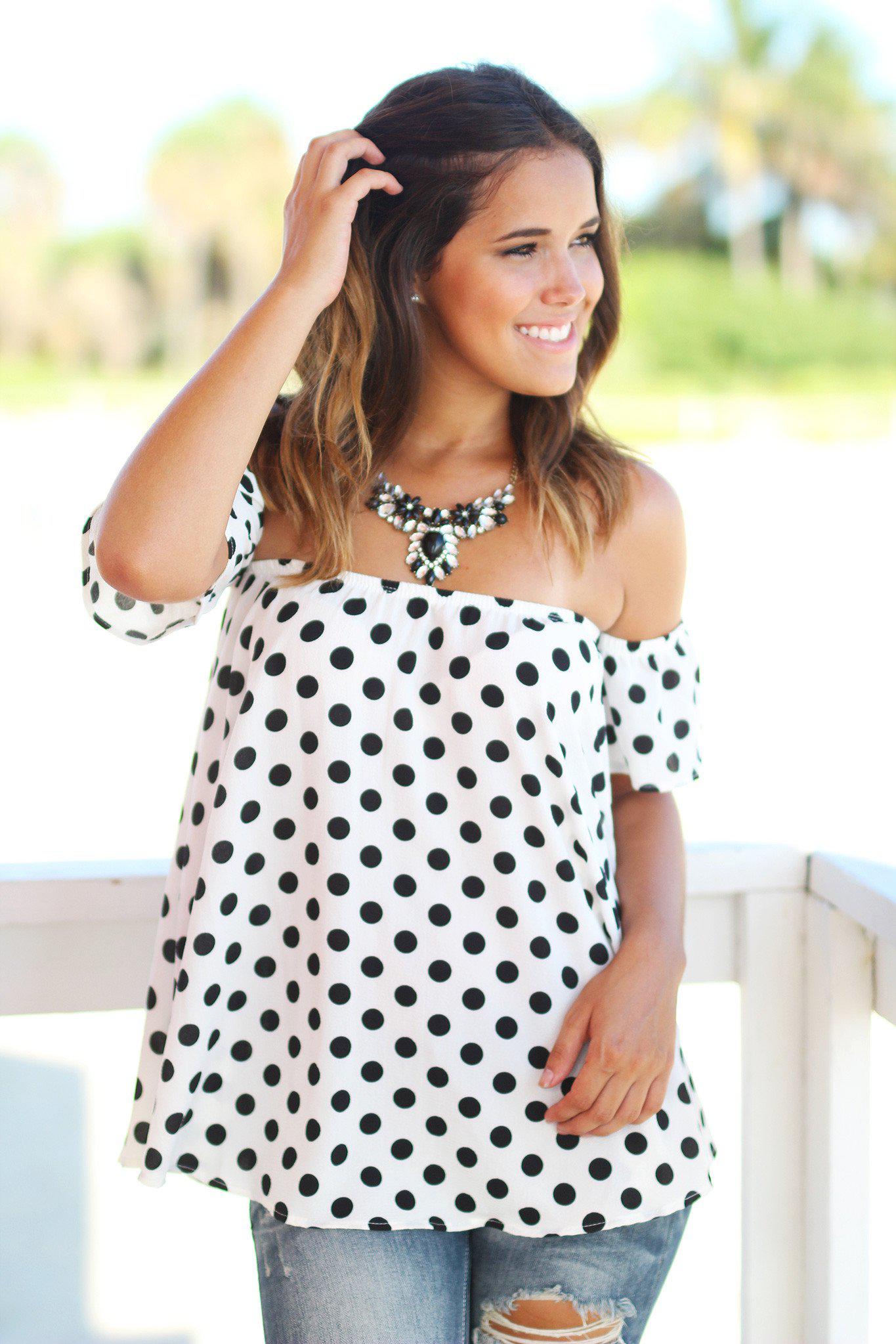 Stylish Ivory and Black Polka Dot Off-Shoulder Short-Sleeved Top
