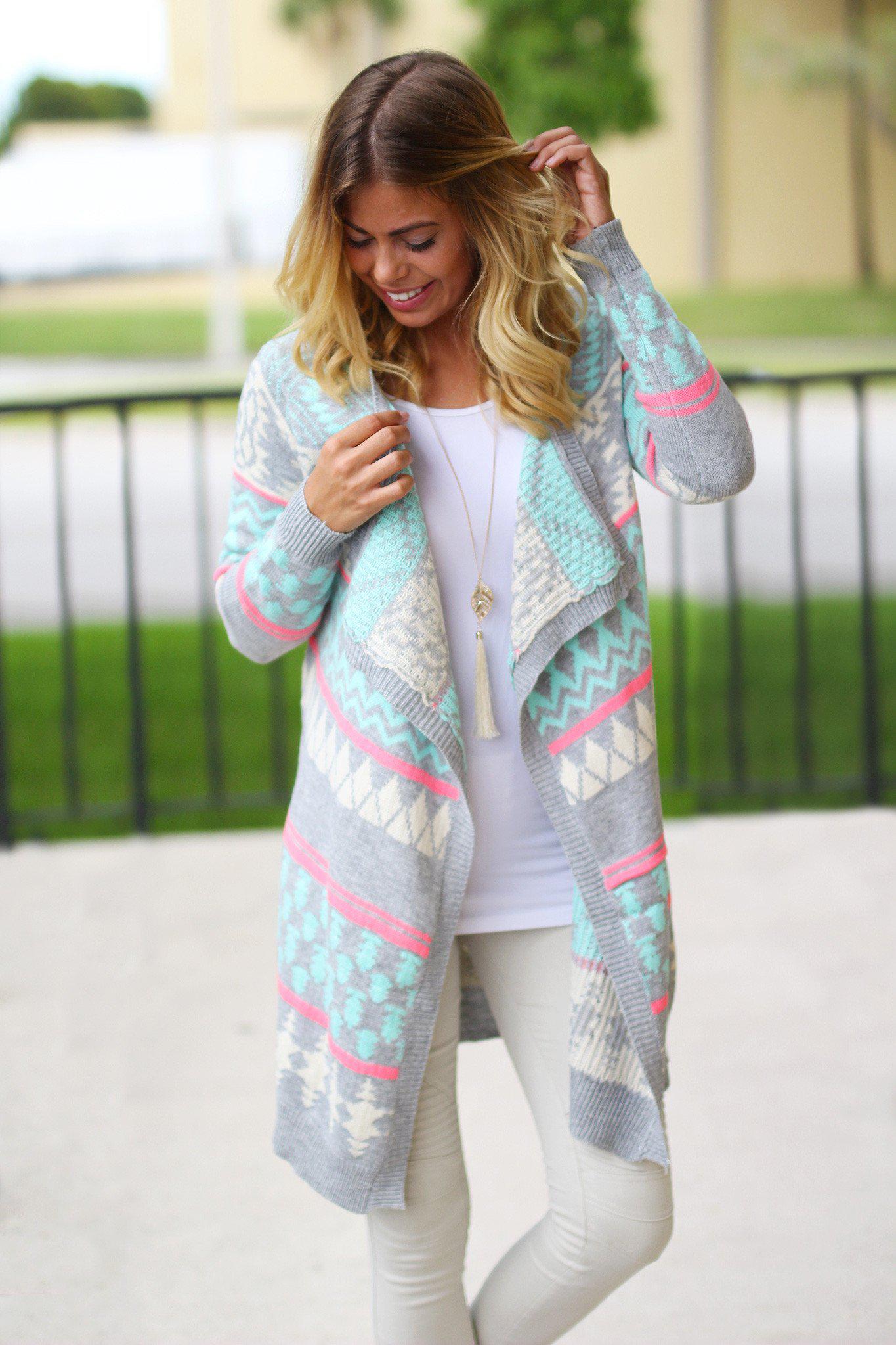 Stylish Mint and Gray Colored Long Women's Cardigan for All Occasions