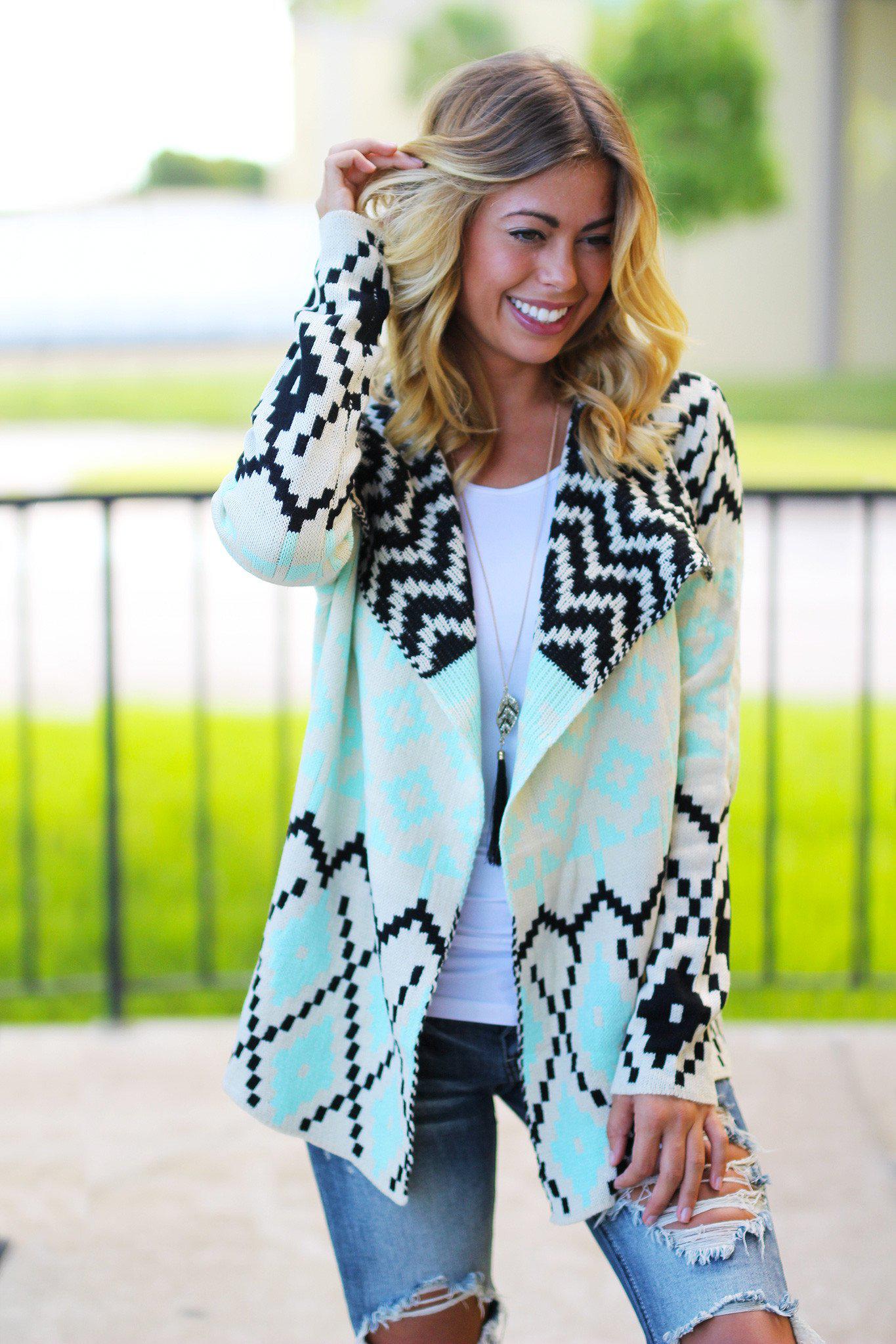 Stylish Mint and Ebony Printed Women's Cardigan for Fashionable Warmth