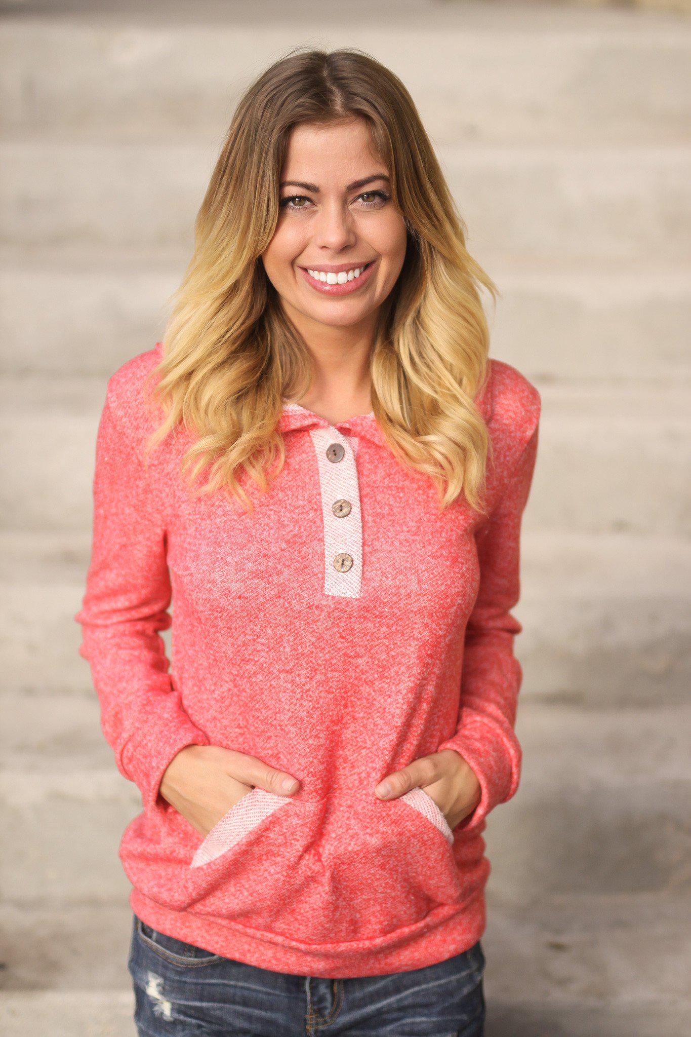 Stylish Coral-colored Button-up Hoodie for Casual Wear