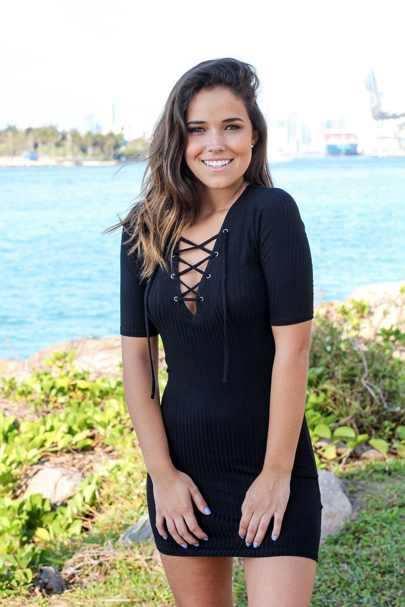 Stylish Black Ribbed Lace-Up Short Women's Dress