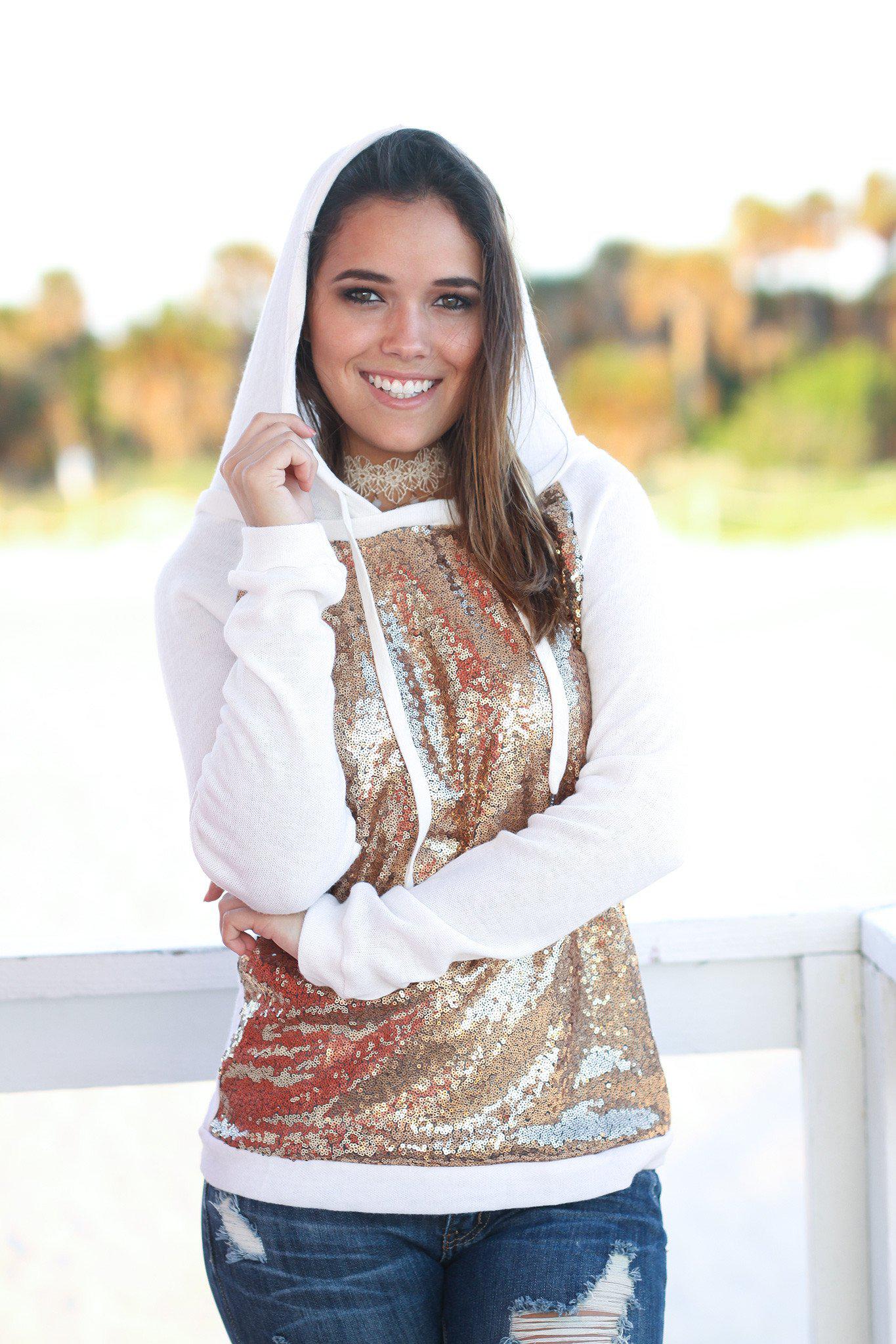 Stylish Ivory and Gold Sequined Cozy Hoodie for Fashion Lovers