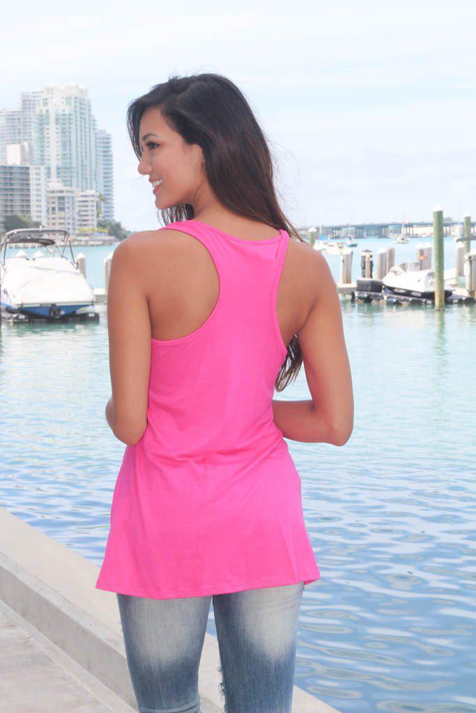 Stylish Hot Pink Women's Tunic Top Featuring a Chevron - Designed Pocket