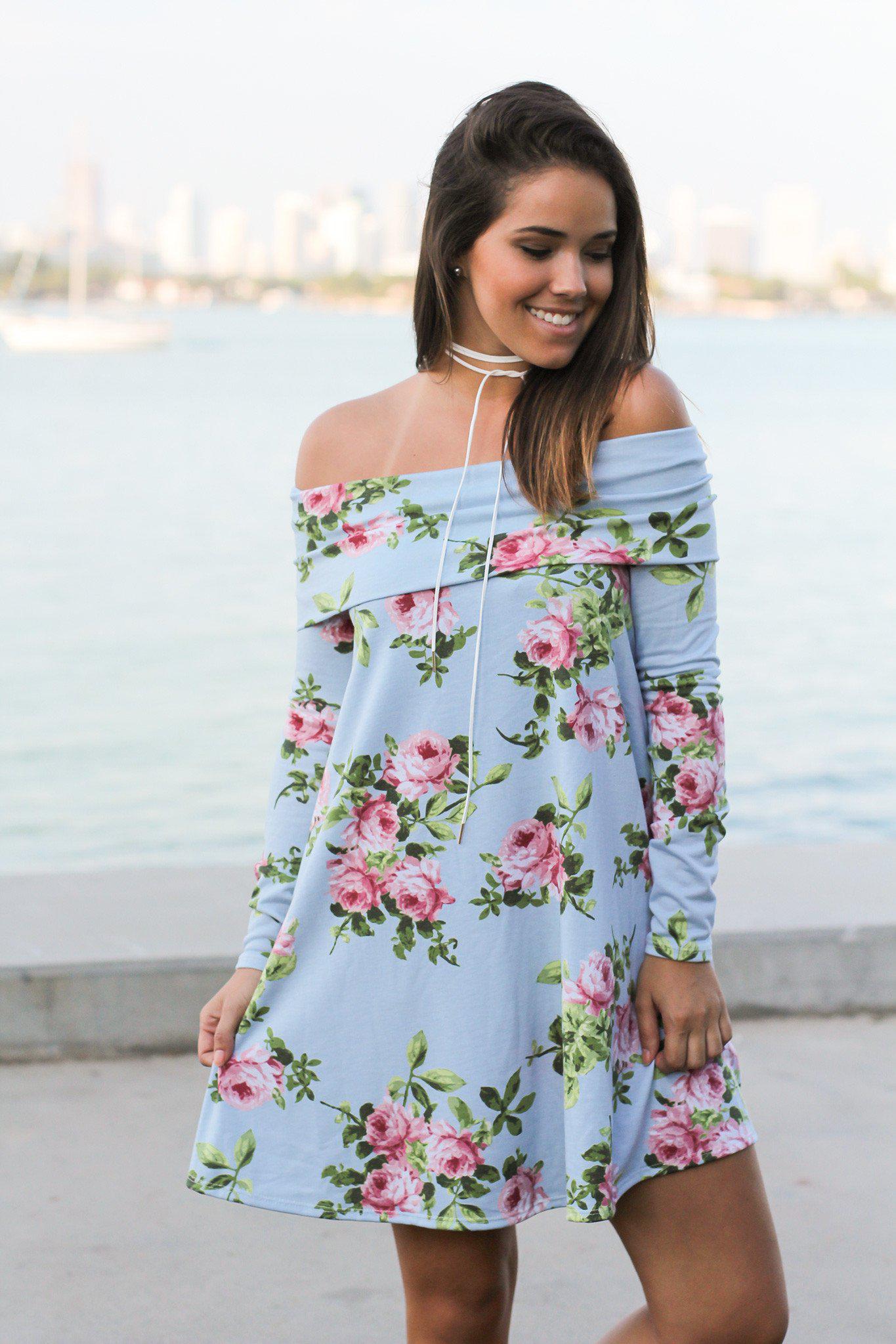 Charming Short Off-Shoulder Dress with Blue Floral Prints