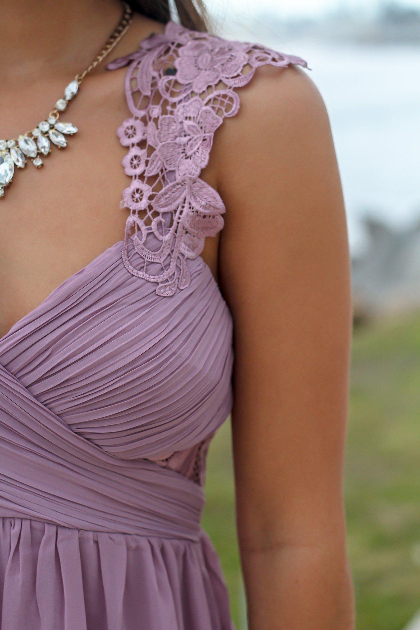 Gorgeous Mauve Women's Maxi Dress Featuring Pleated Top and Intricate Crochet Detail