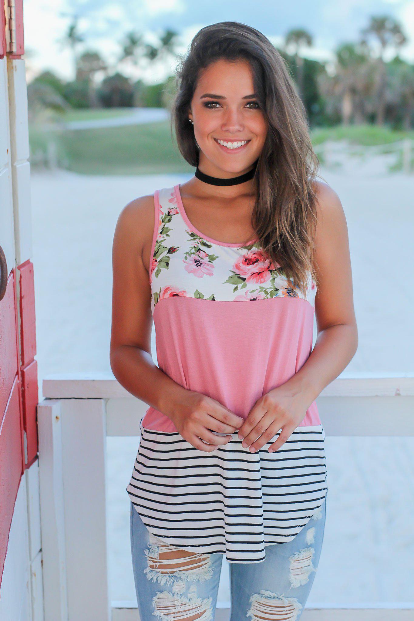 Stylish Mauve Floral and Striped Women's Tank Top