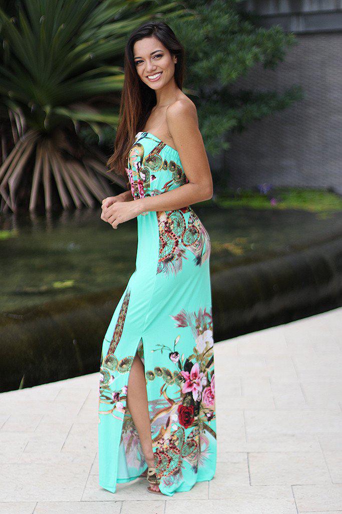 Stunning Mint Floral Strapless Maxi Dress with Beautiful Slit