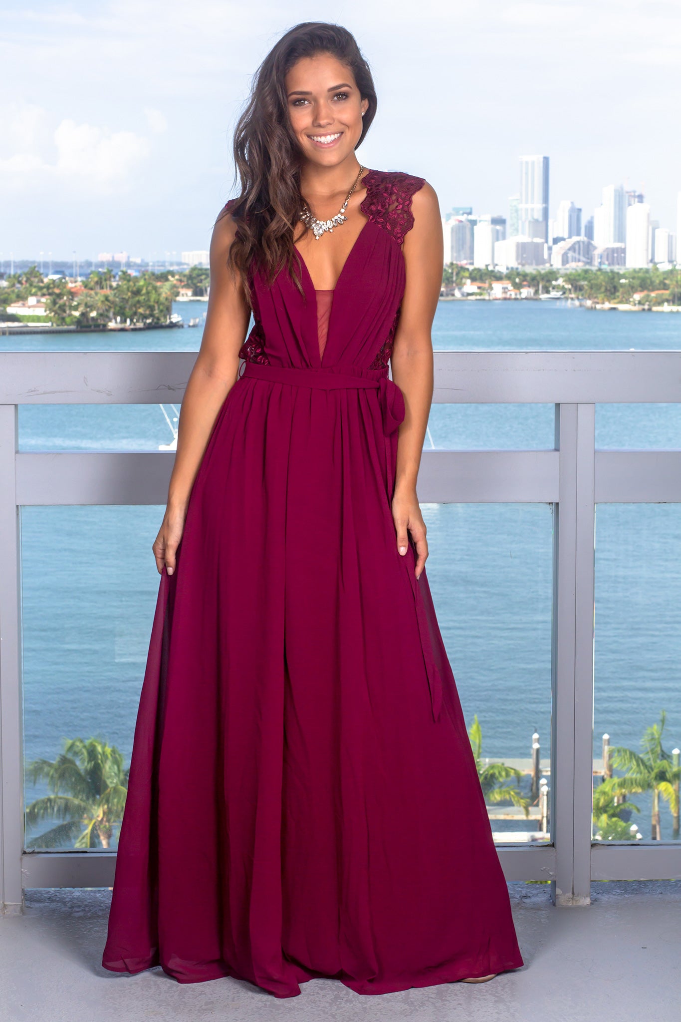 Stunning Merlot Sleeveless Maxi Dress with Open Back Embroidered Design