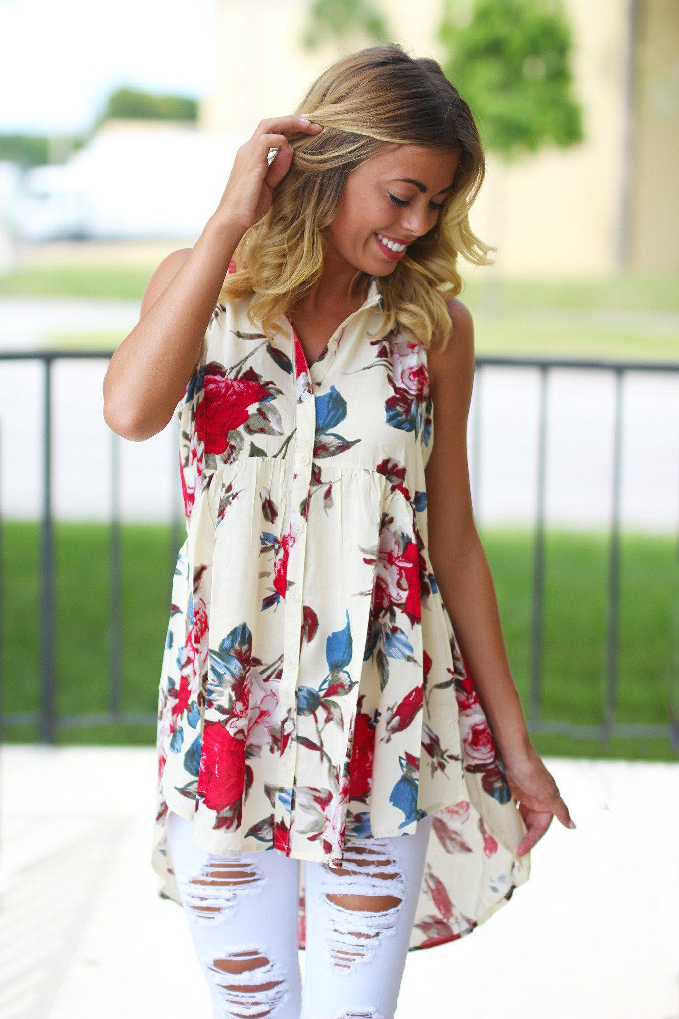 Stylish Cream Floral High-Low Sleeveless Button-Down Top