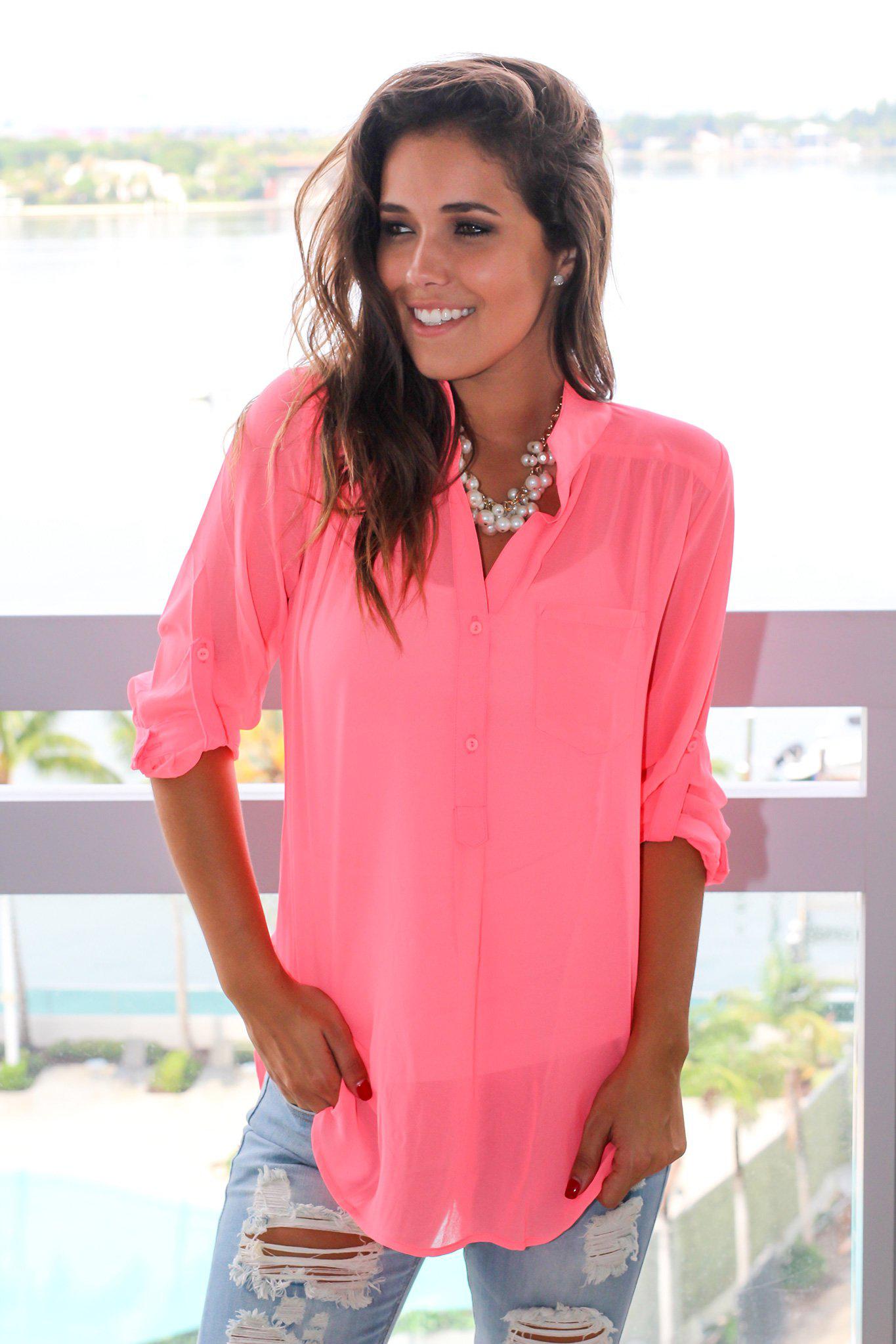 Stylish Hot Pink Semi - Transparent 3/4 Sleeve Women's Top