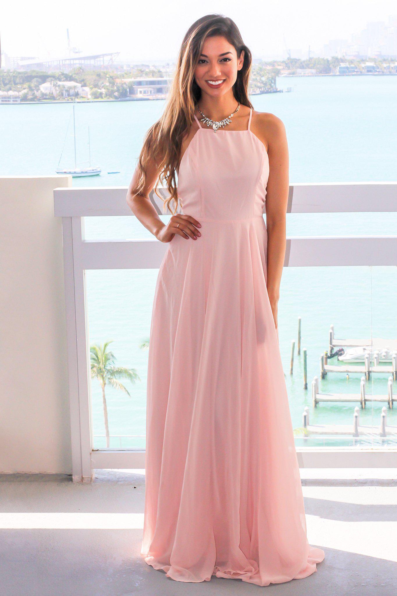 Stunning Blush Halter Dress with Adjustable Criss Cross Back