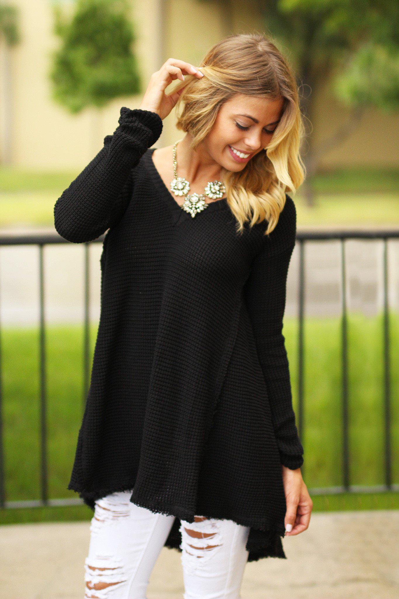 Stylish Black Cotton V-Neck Cold Shoulder Tunic Sweater for All Occasions