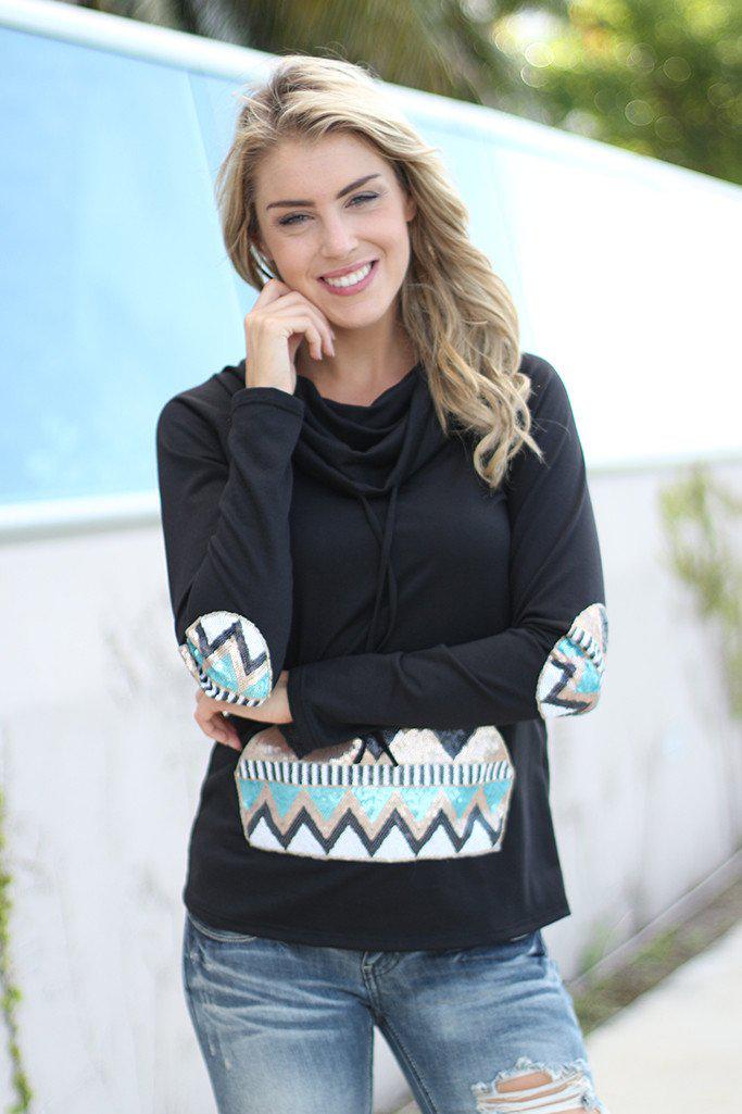 Stylish Black Sequin Cowl Neck Long - Sleeve Sweater with Elbow Patches