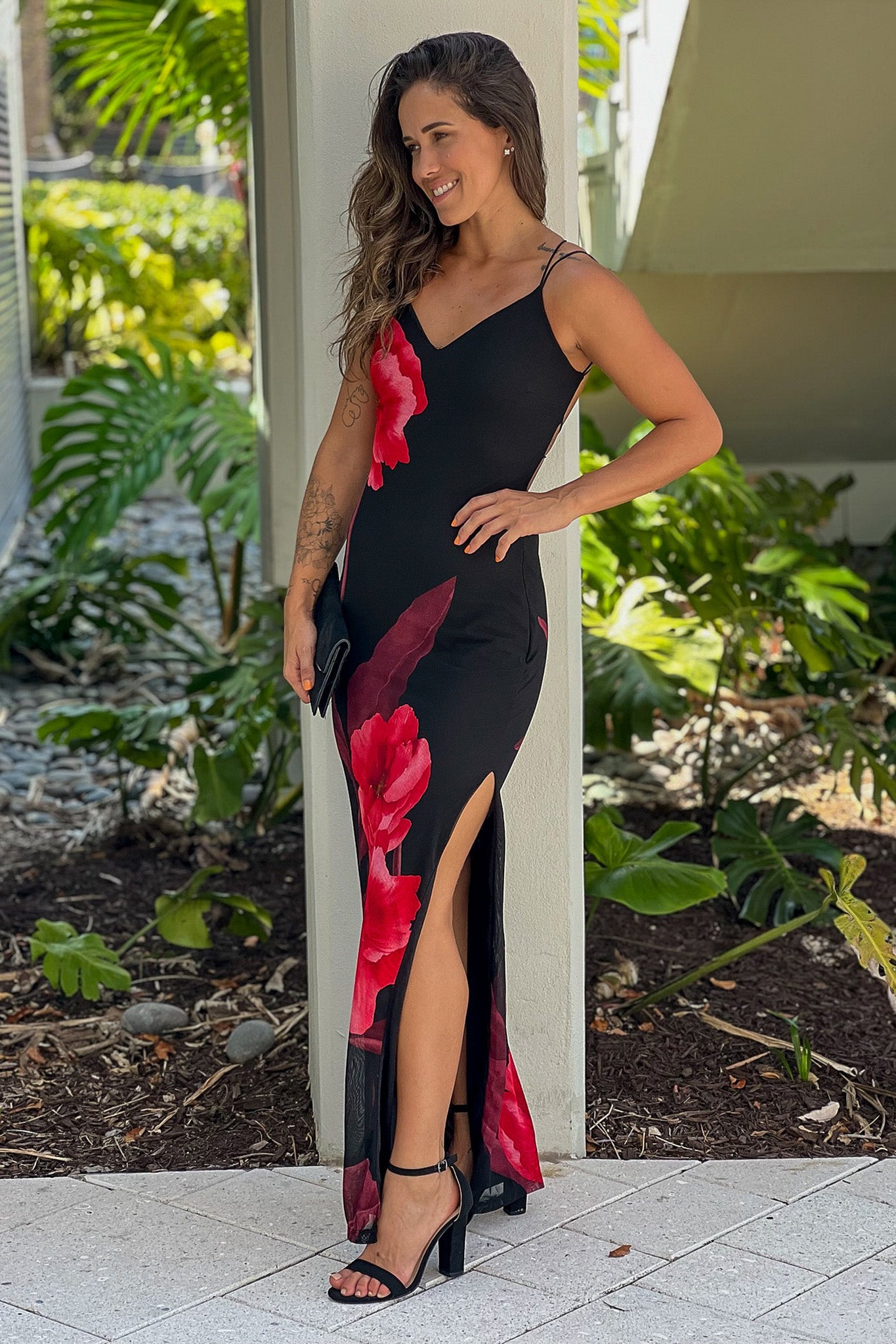 Stylish Black Floral Printed Strappy Back Maxi Dress with Slit