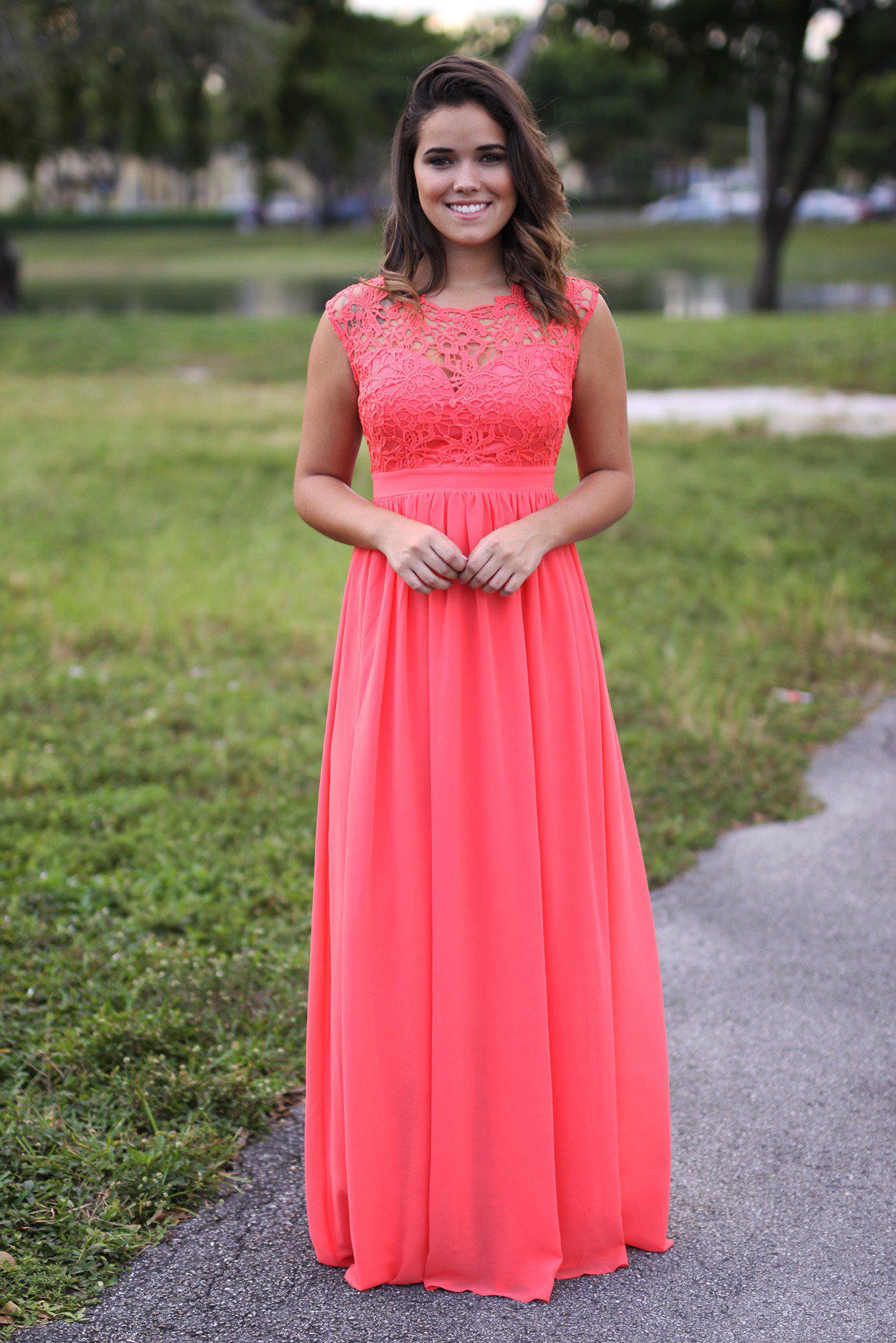Exquisite Coral-Colored Crochet Design Maxi Dress with Tulle Back for Special Occasions