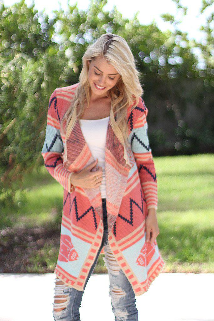 Stylish Coral and Mint Colored Long Women's Cardigan for Everyday Wear