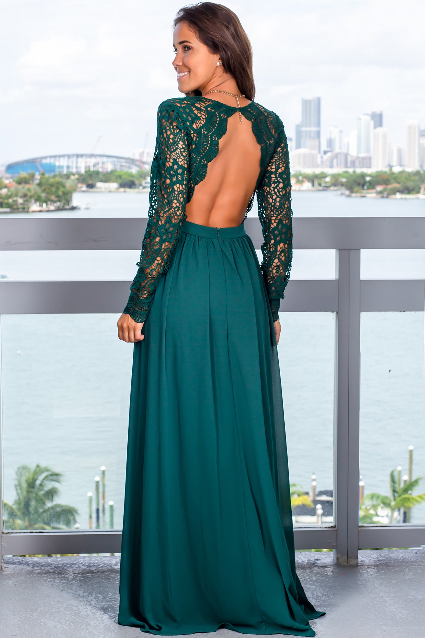 Elegant Hunter Green Women's Long - Sleeved Maxi Dress for Formal Occasions