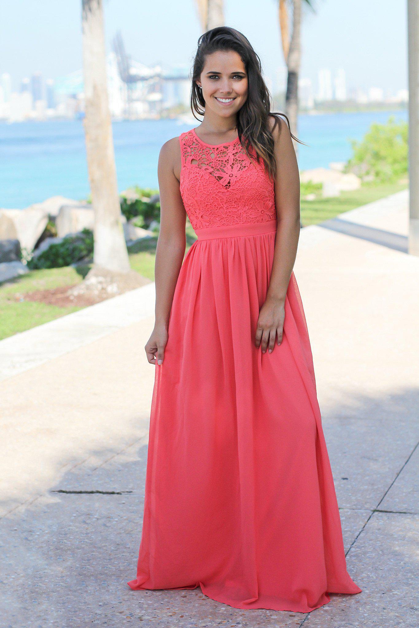 Elegant Coral Open-Back Crochet Maxi Dress for Special Occasions