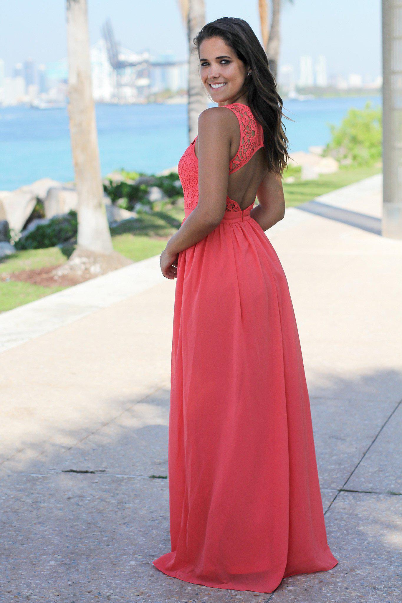 Elegant Coral Open-Back Crochet Maxi Dress for Special Occasions