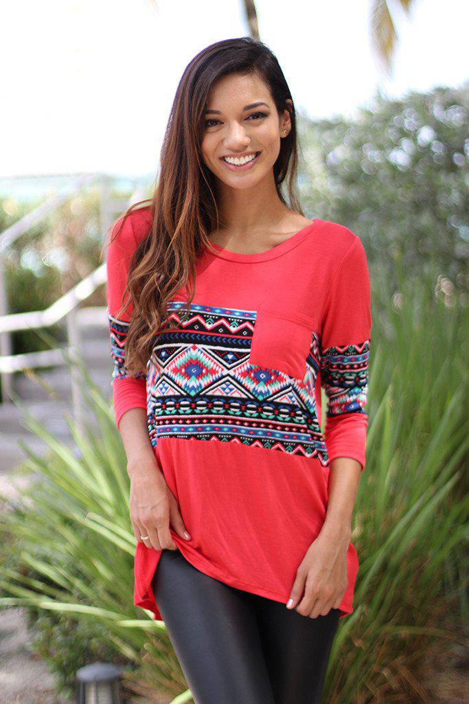 Stylish All - Year Coral Aztec Printed Lightweight Top