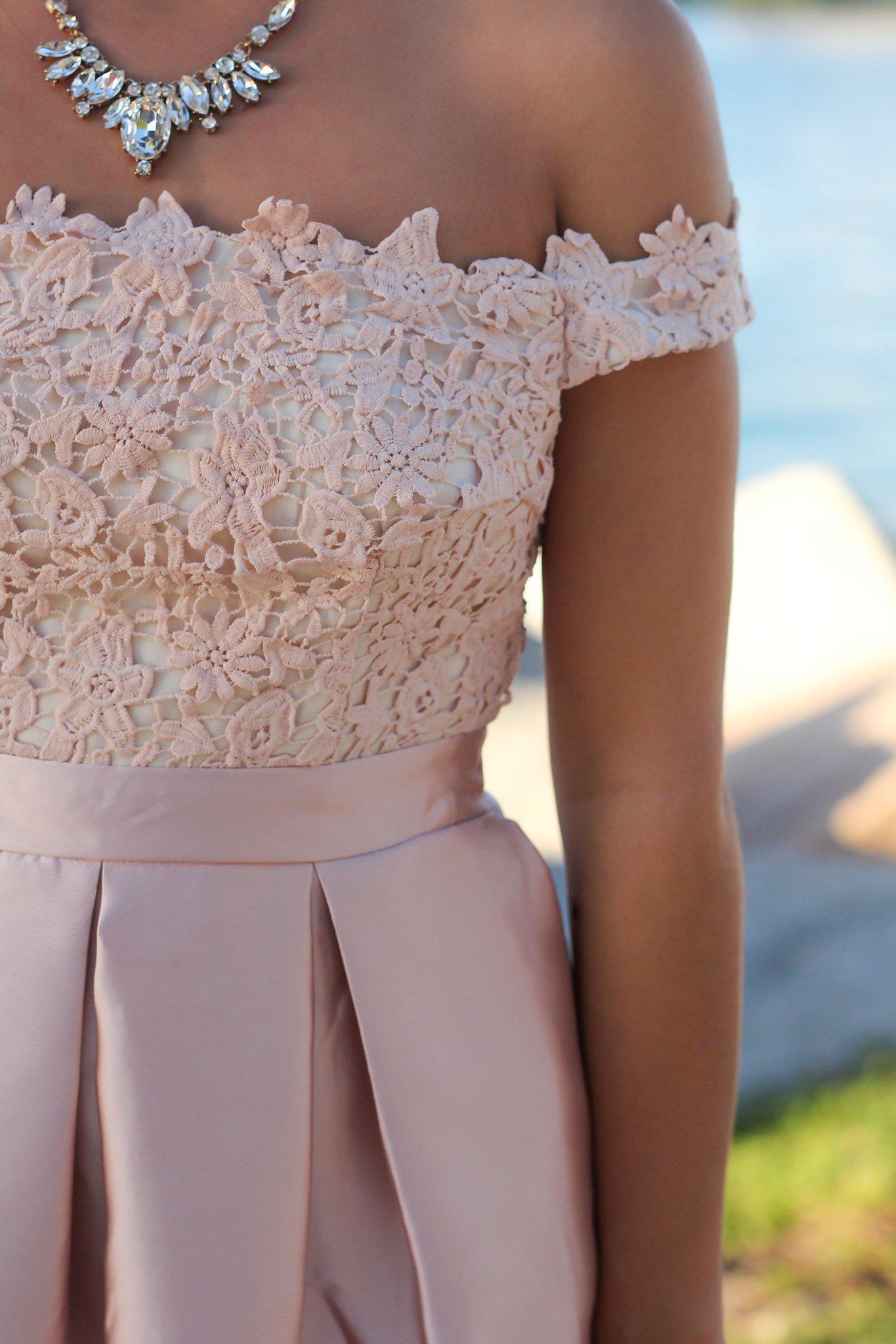 Elegant Blush and Cream Off-Shoulder Crochet Top Maxi Dress for Special Occasions