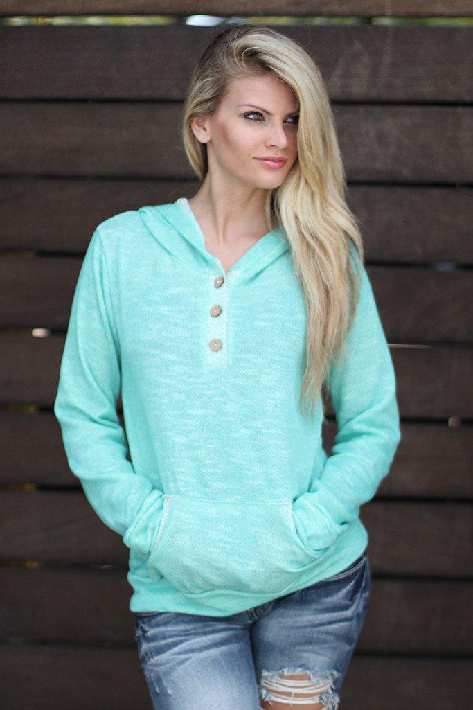 Stylish Mint-Colored Buttoned Hoodie with Convenient Pockets