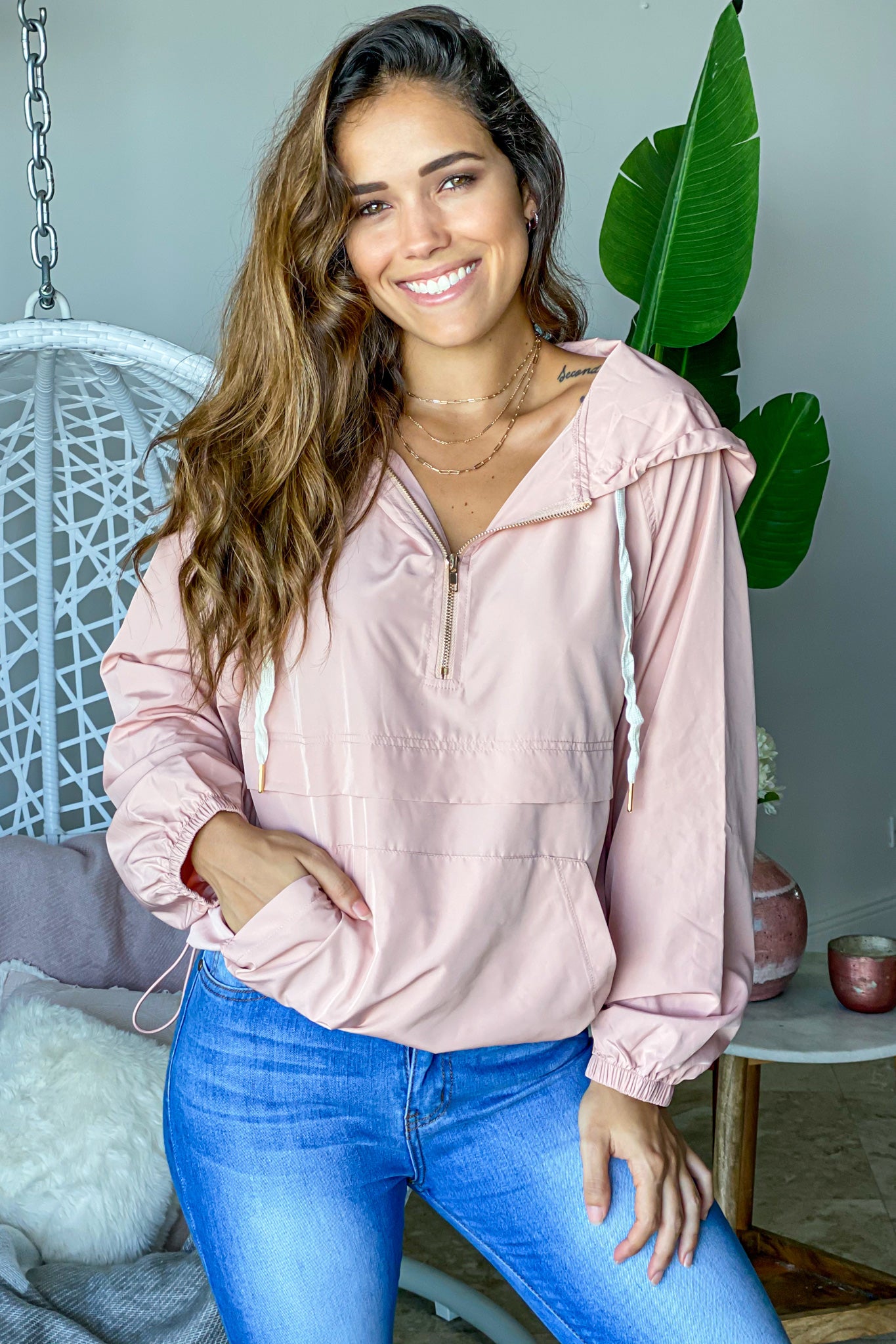 Adorable Blush Polyester Anorak with Front Pocket, Zipper and Hoodie
