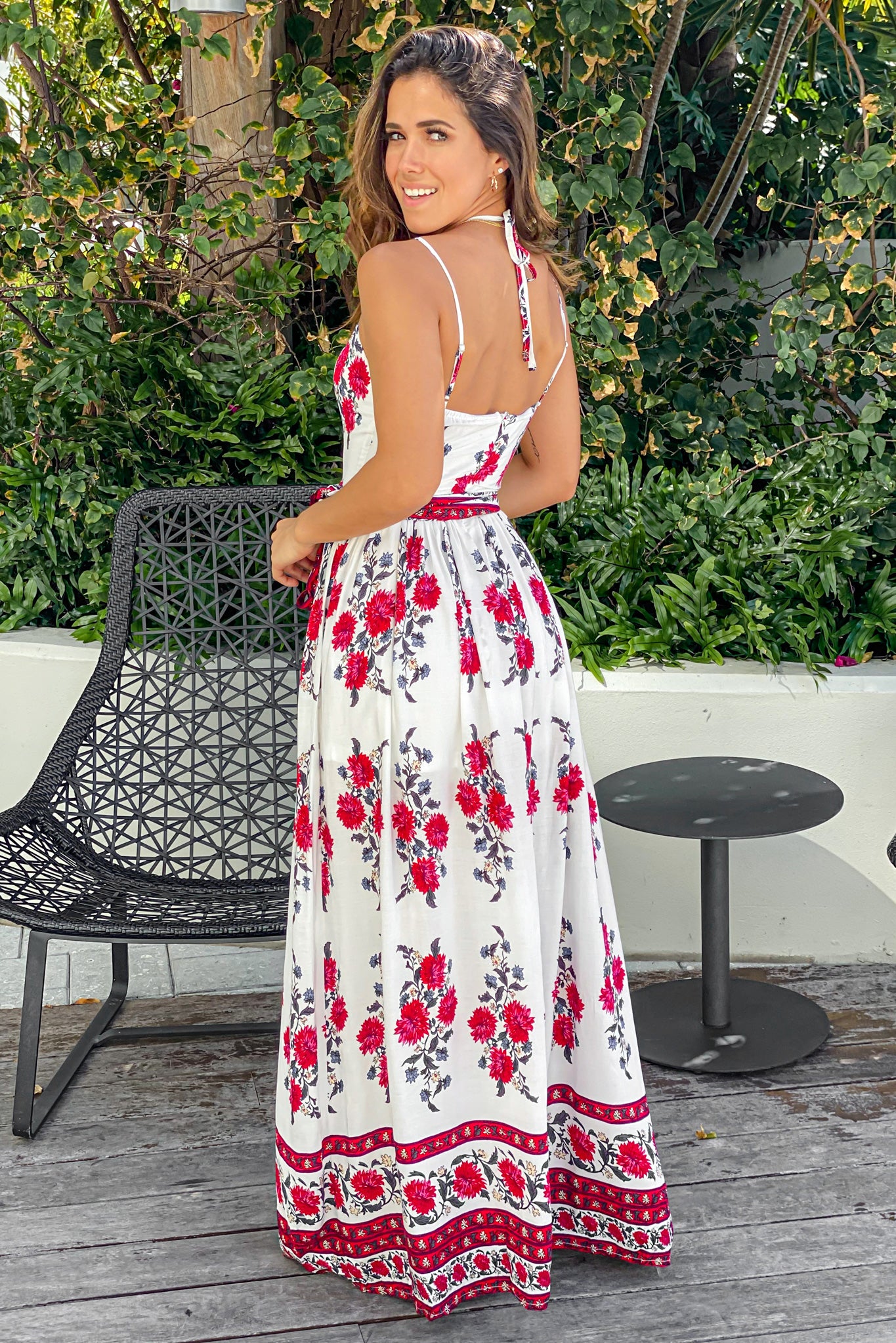 Stunning Ivory, Red and Gray Floral Print Women's Maxi Dress with Waist Self - Tie and Side Slits
