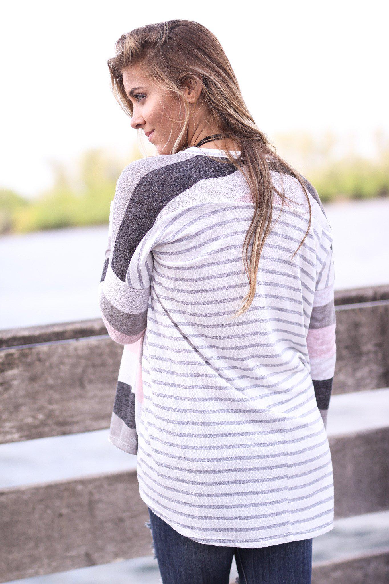 Stylish Ivory and Pink Striped Back Long - Sleeve Top