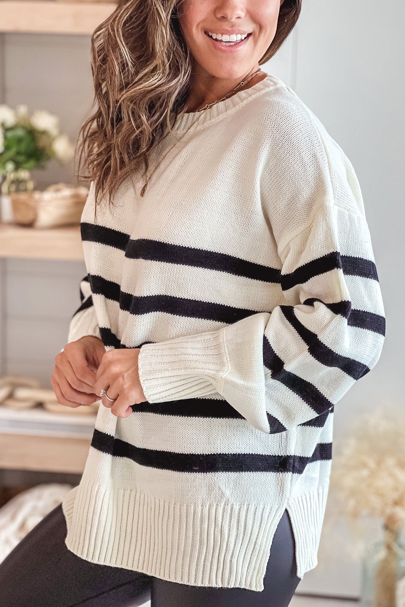 Stylish Ivory and Black Striped Knit Sweater for Fall and Winter
